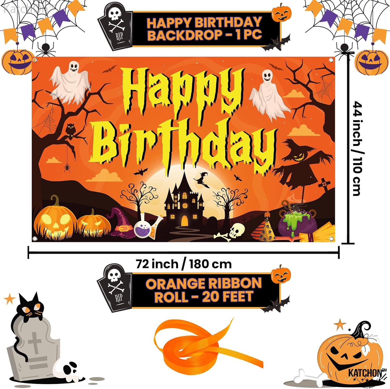 KatchOn, Pancarta espeluznante de Halloween con texto en inglés Happy Birthday  Extra grande, 72 x 44 pulgadas, telón de fondo de calabaza de