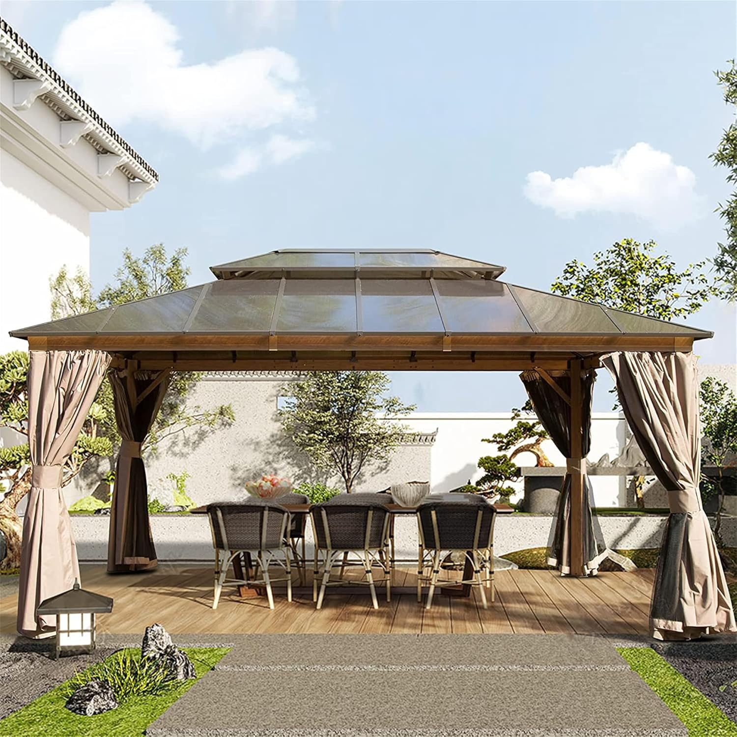 Gazebo de techo rígido de 12 x 16 pies, marco de aluminio con doble techo con mosquitera y cortinas, pérgola impermeable permanente para exteriores