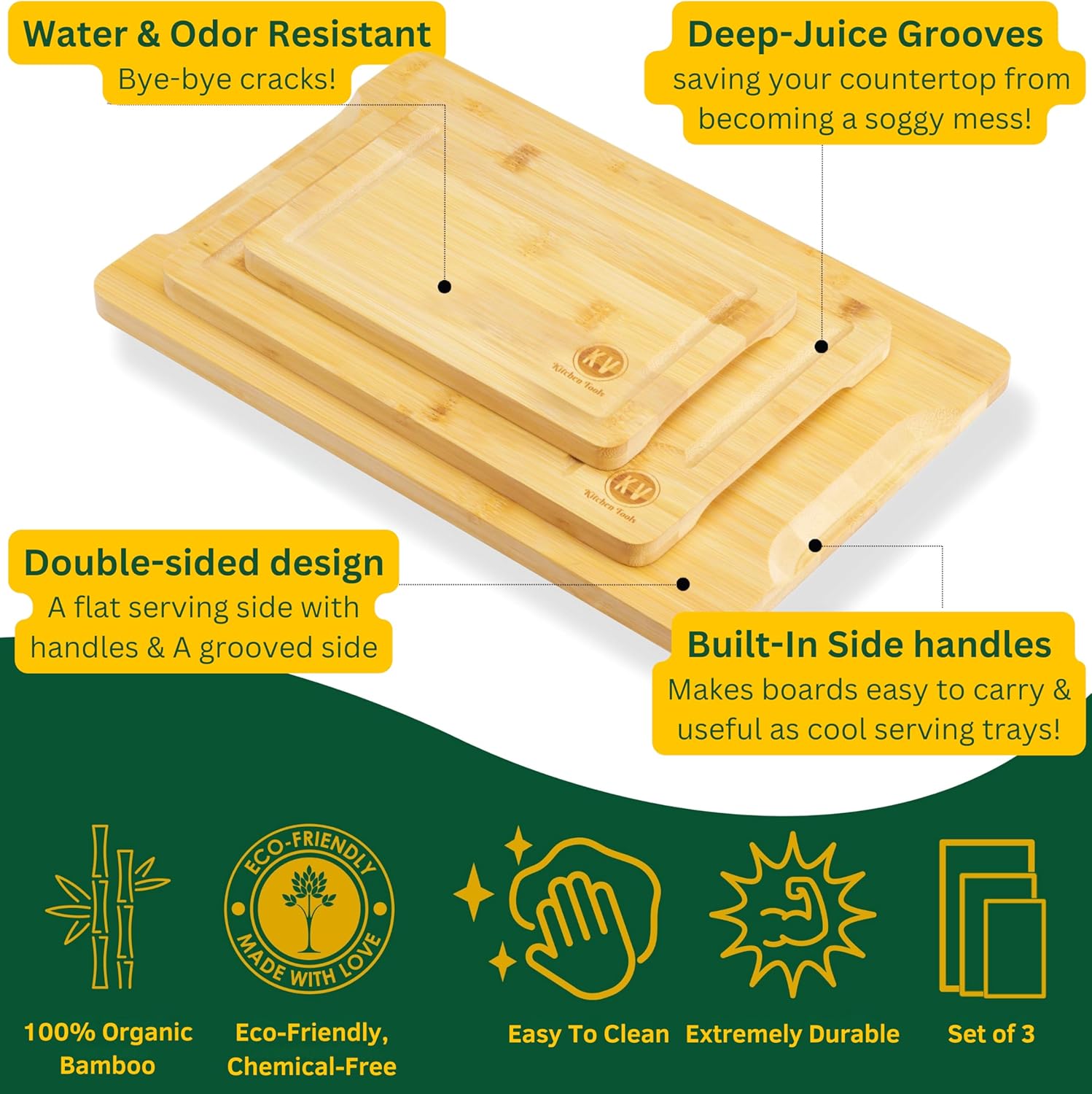 Juego de 3 tablas de cortar de bambú para cocina, juego de 3 tablas de cortar de bambú con ranura para jugo y asas laterales, tabla de cortar gruesa