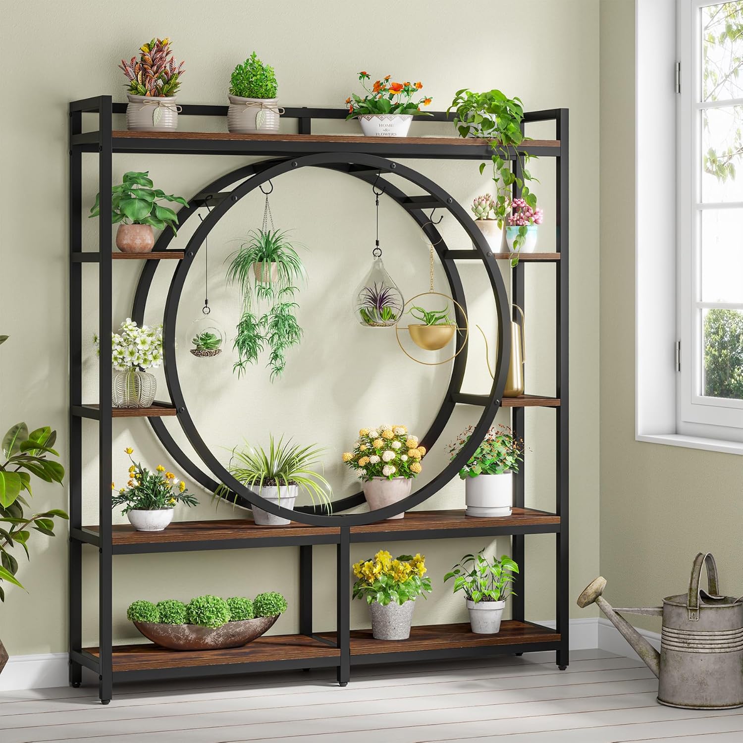 Tribesigns Soporte alto para plantas de 5 niveles para interiores, soporte de metal grande de 59 pulgadas de ancho con 4 ganchos para colgar,