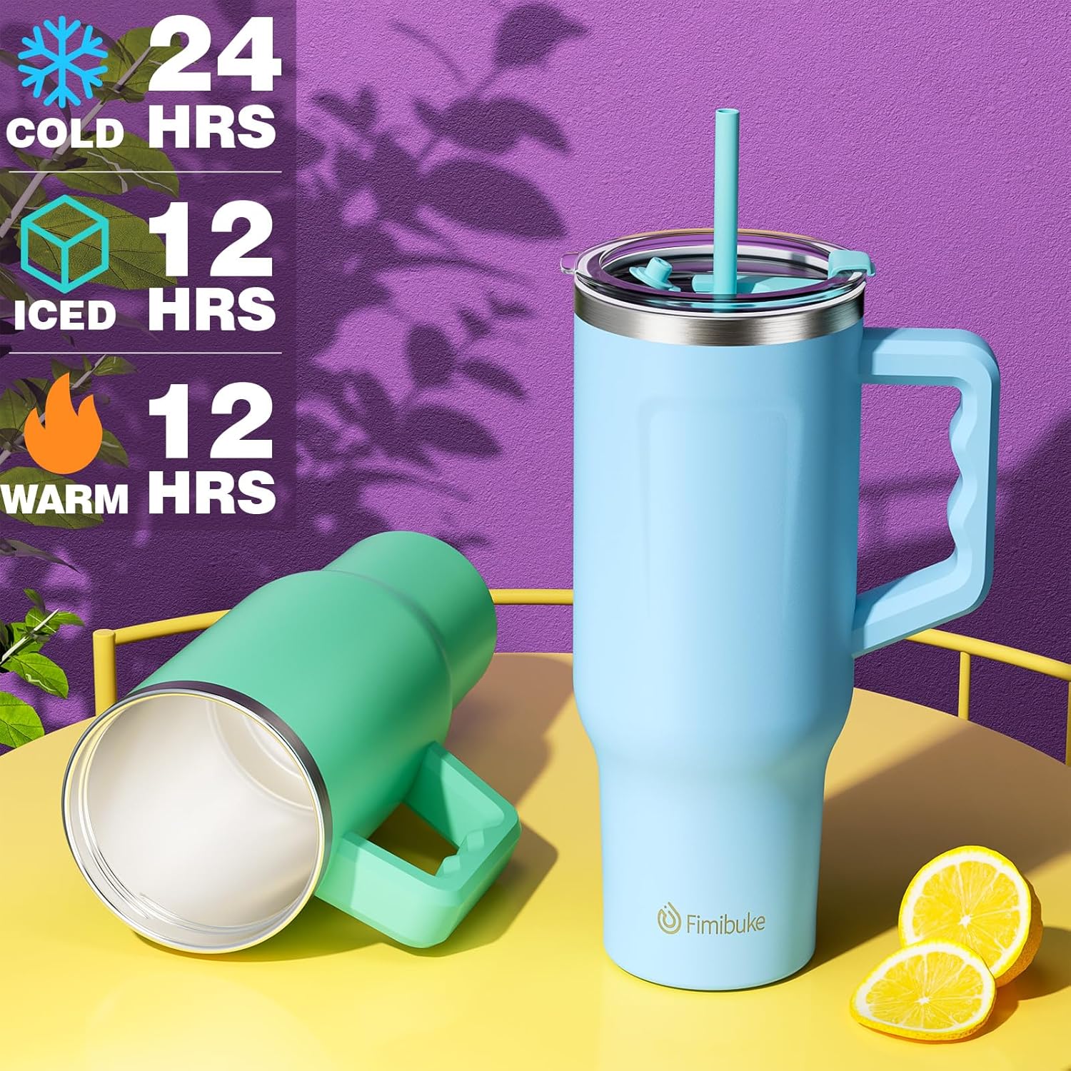 Fimibuke Vaso de 40 onzas con asa y bolsa de transporte, taza aislada de acero inoxidable con tapa, popote y bolsa para bolso, bolsillo para