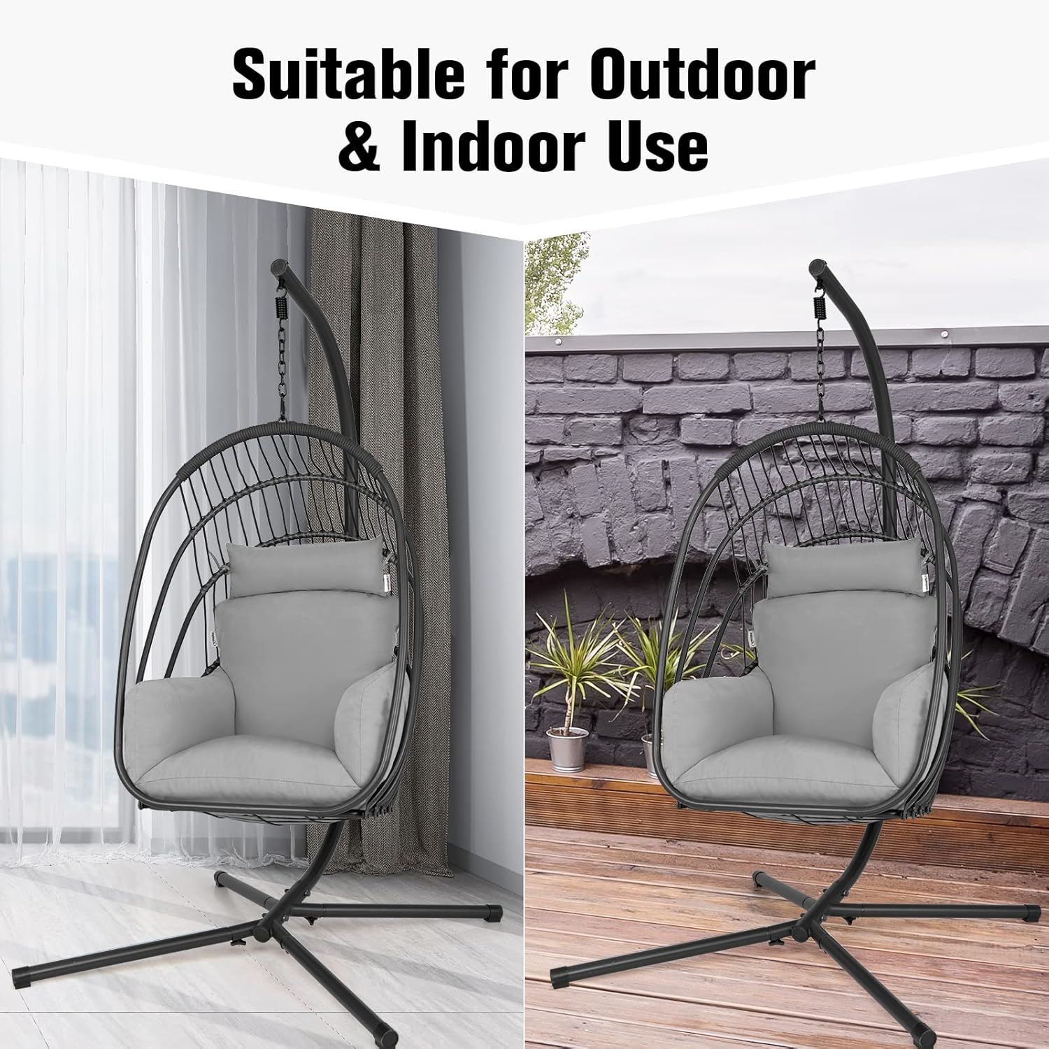 Giantex Silla colgante de huevo con soporte, silla plegable con cojín suave y almohada, silla hamaca plegable para patio, silla colgante de ratán de