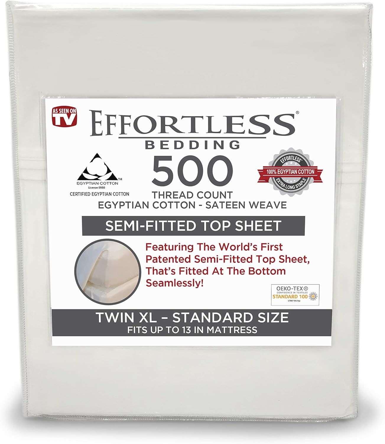 Effortless Bedding – Sábana superior semiajustable patentada, 100% algodón egipcio Giza certificado, fibra extralarga, tejido satinado de 500 hilos,