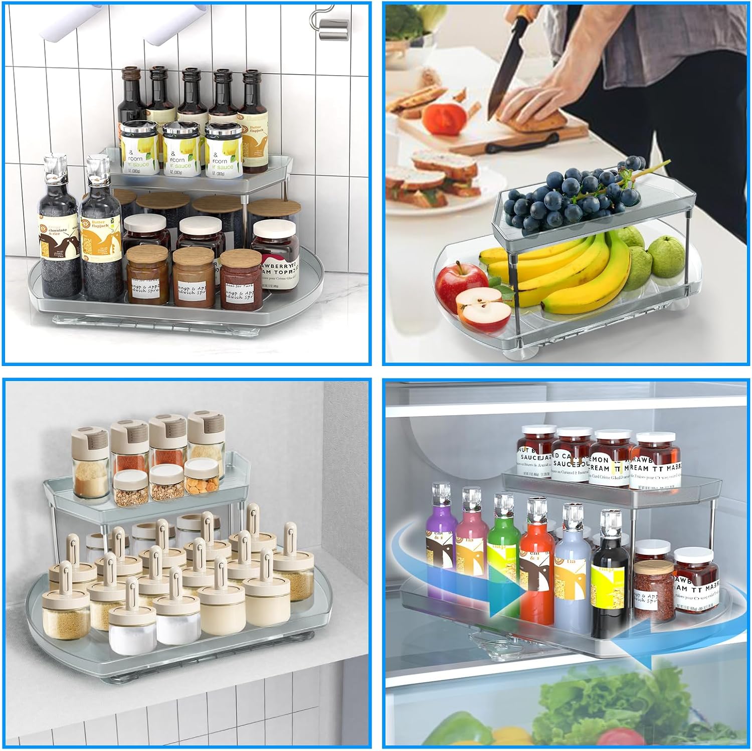 Lazy Susan de 2 niveles para refrigerador, cubos organizadores giratorios de 360, 16.54 x 11.02 x 5.91 pulgadas, organizadores de refrigerador y