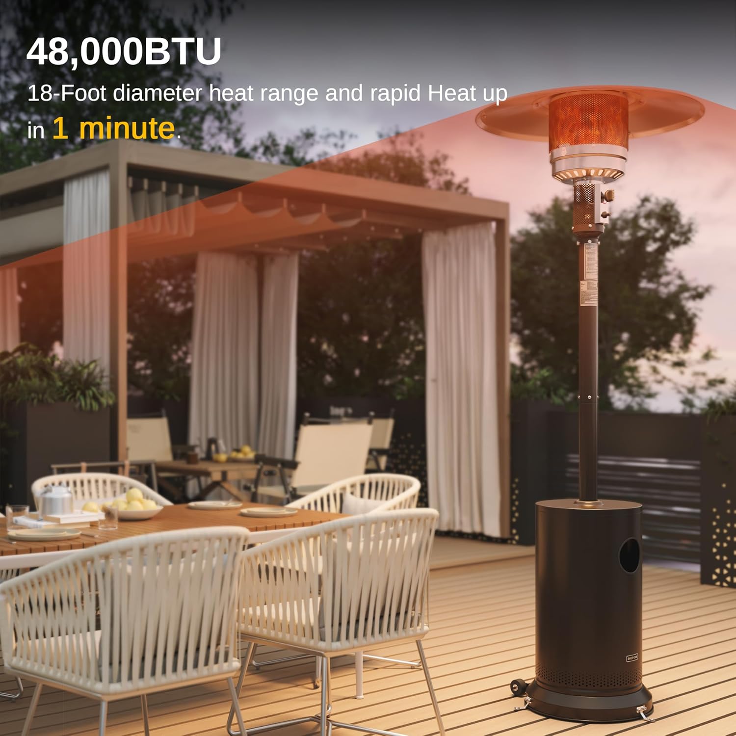 EAST OAK Calentador de patio de 48,000 BTU para uso al aire libre con diseño de mesa redonda, quemador y ruedas de acero inoxidable de doble capa,