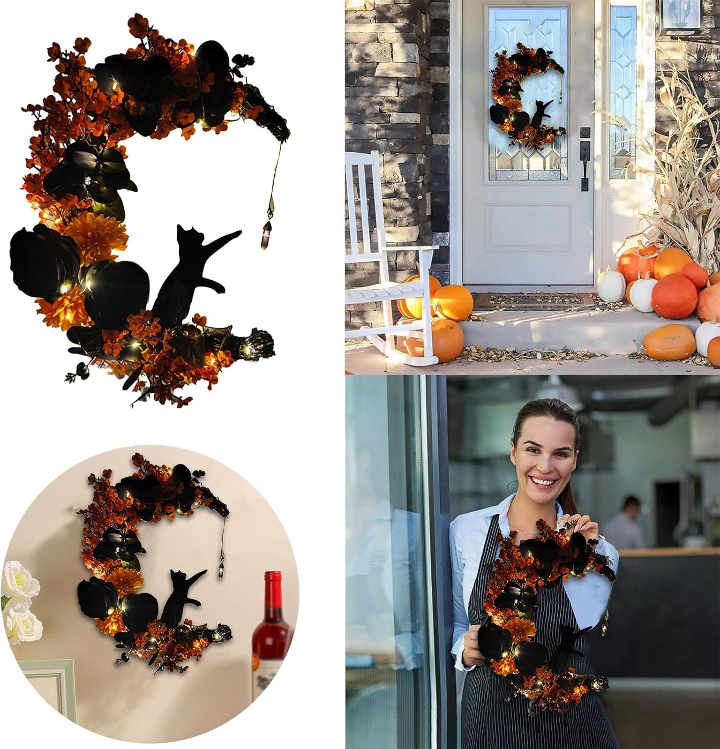 Corona de Halloween, luna y gato con rosa, guirnalda de corona de Halloween negra para puerta delantera, ventana, decoración de pared, bonita corona