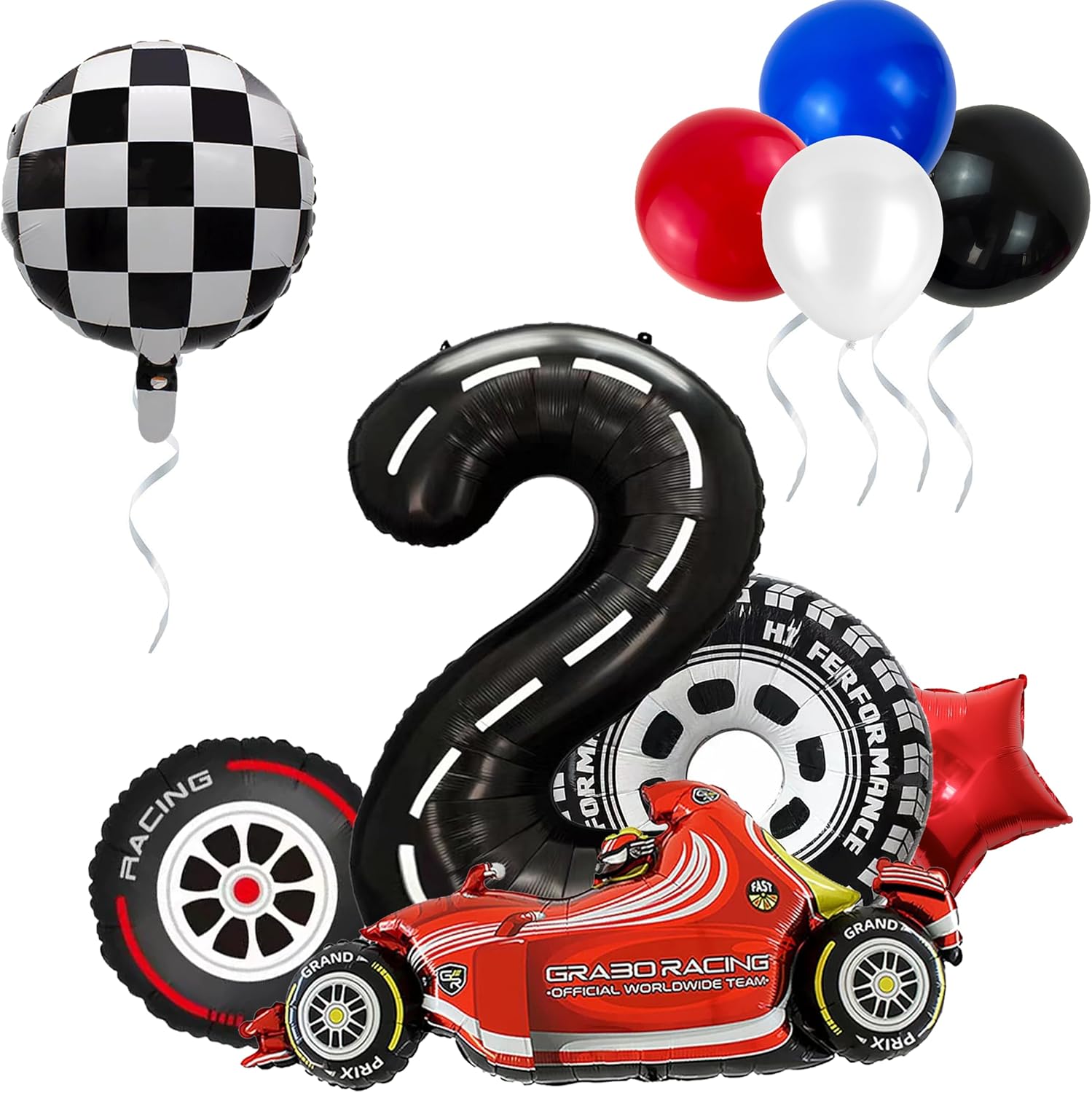10 globos de 2 cumpleaños de auto de carreras, decoración de fiesta temática de auto de carreras número 2, globos de número de carreras, juego de