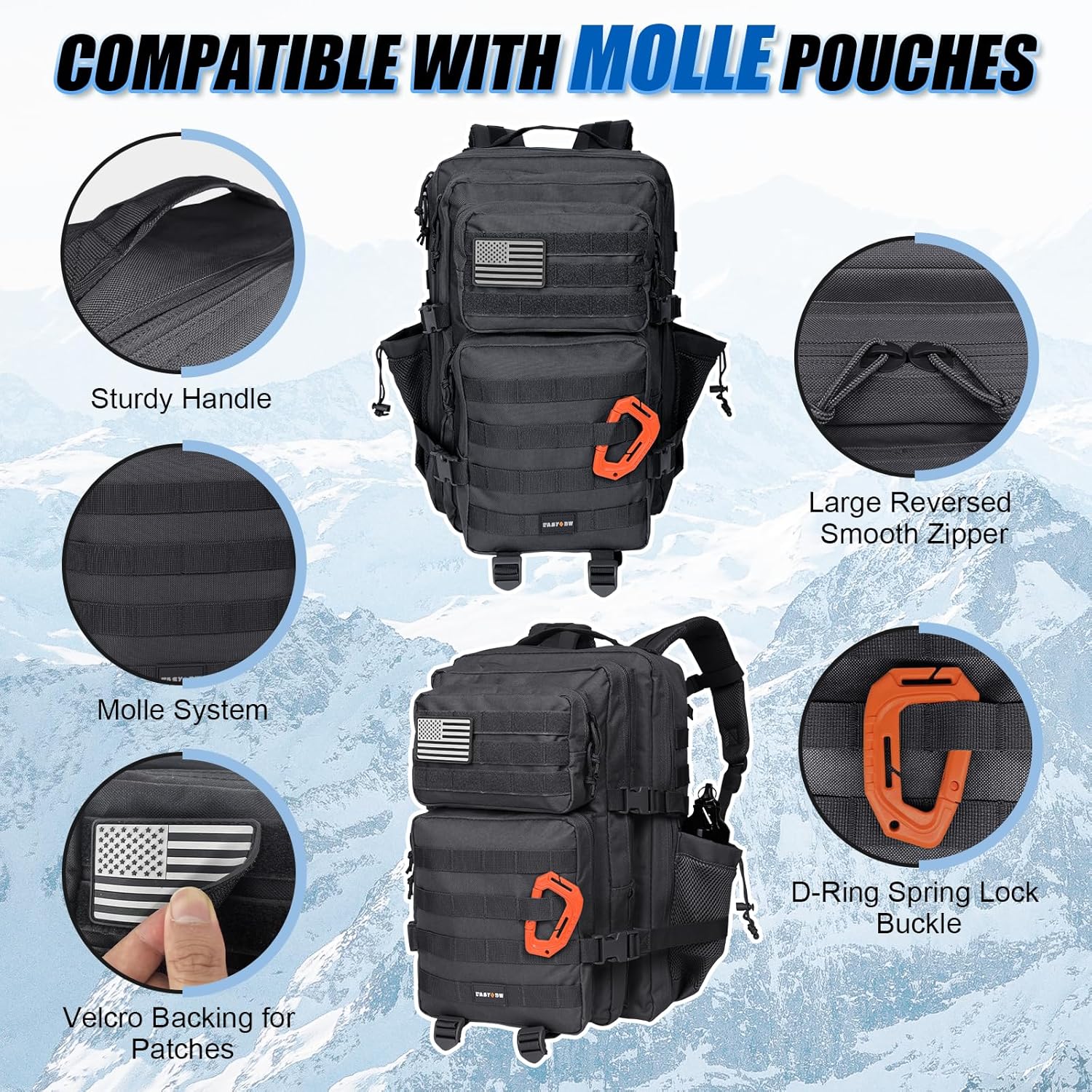 Mochila táctica militar, paquete impermeable del ejército de 45L, mochila para portátil con múltiples bolsillos, bolsa de 3 días, Negro -, Mochilas