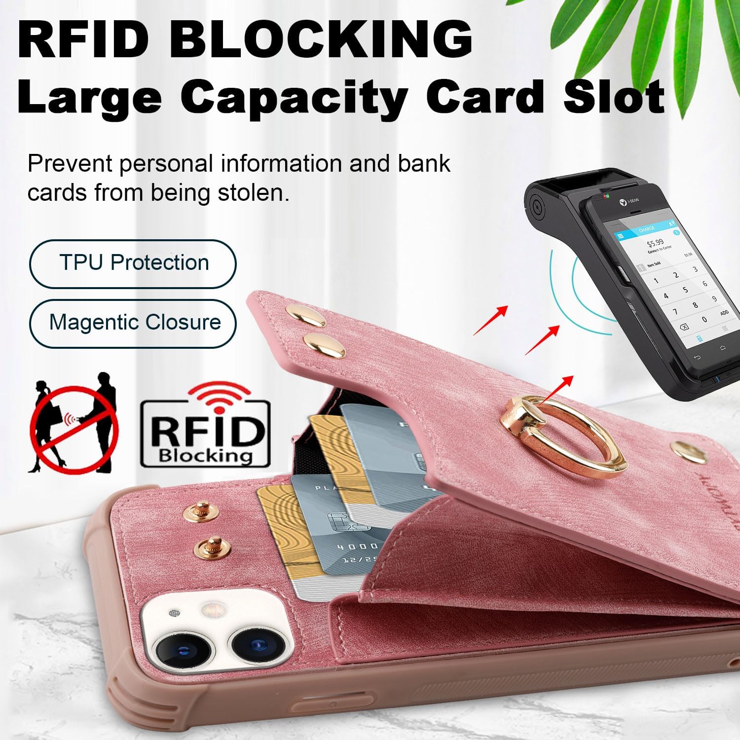 Funda tipo cartera para iPhone 12 Pro12 con tarjetero de crédito, funda protectora de cuero a prueba de golpes compatible con soporte de anillo de