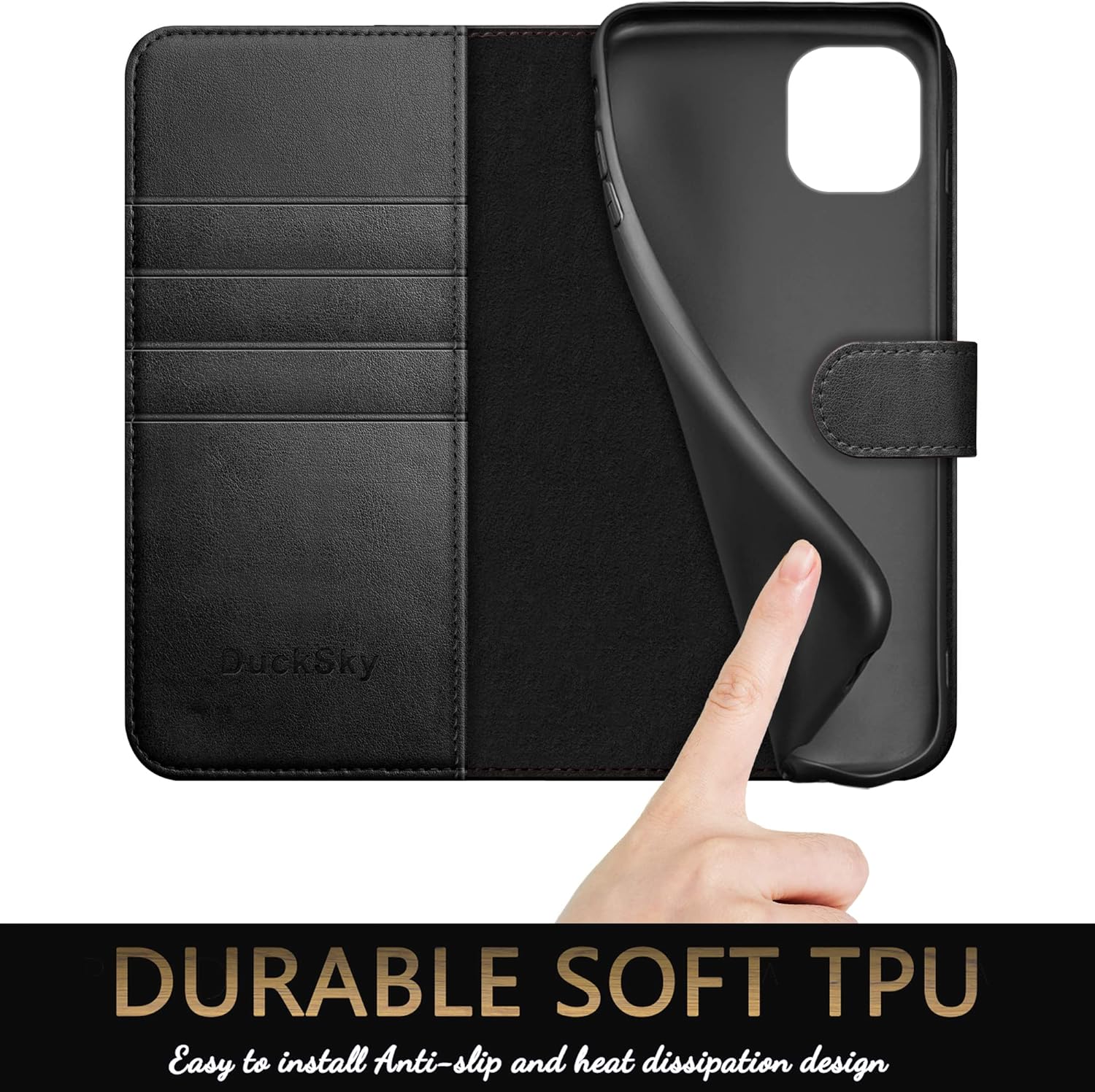 DuckSky Funda tipo cartera de piel auténtica para iPhone 11 con bloqueo RFID, 4 tarjeteros de crédito. Cuero auténtico. Funda protectora para iPhone