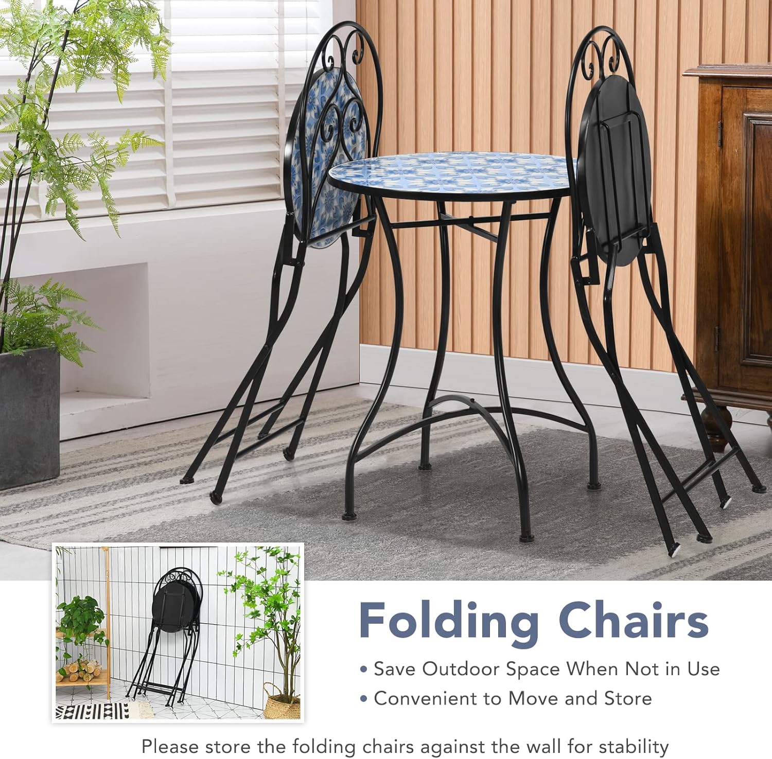Giantex 2 sillas plegables de bistró, sillas de patio de mosaico con asiento de azulejos de cerámica y exquisito patrón floral, sillas de comedor al