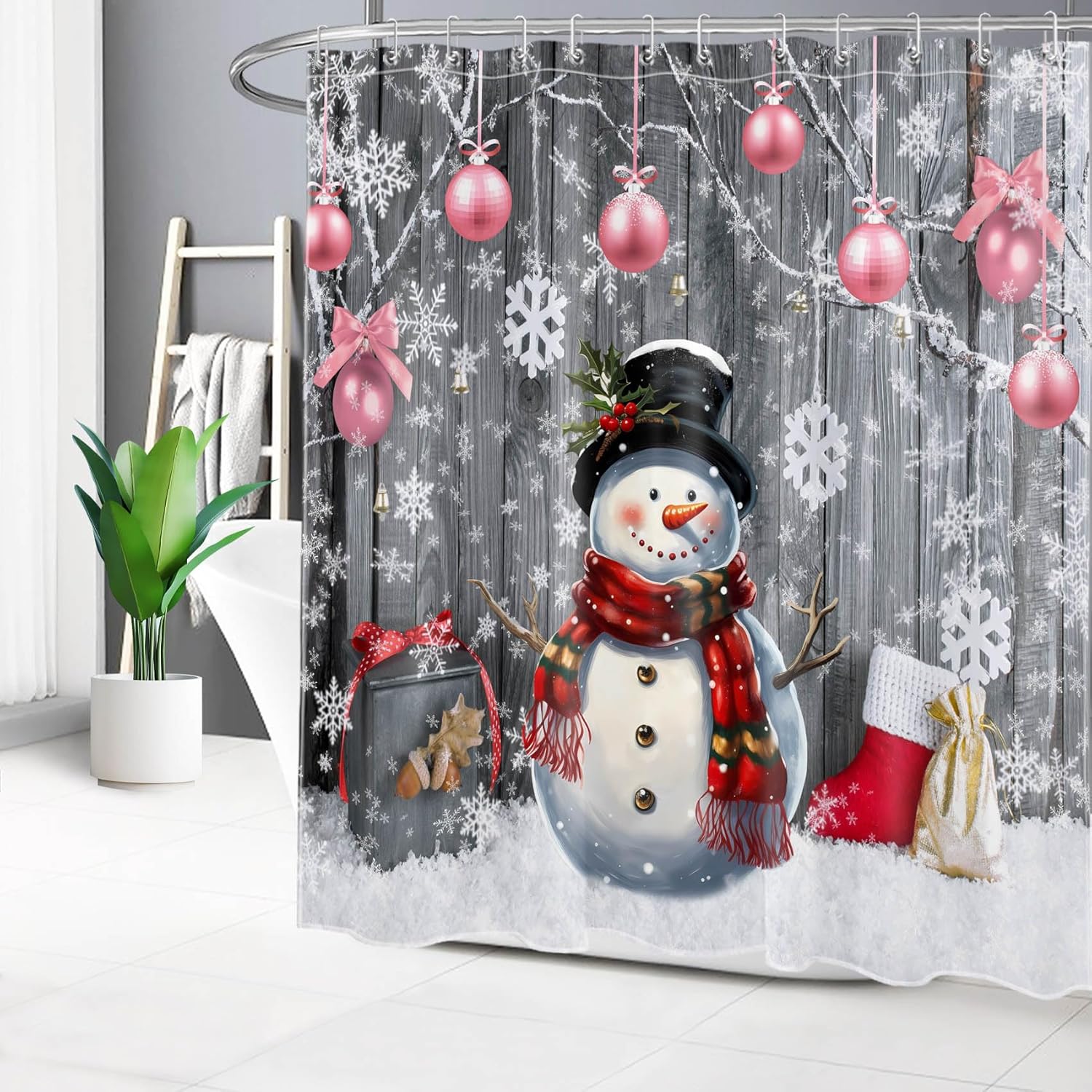 LB Farmhouse Christmas Shower Curtain for Bathroom,Pink Xmas Ball and Funny Snowman on Rustic Retro Grey Wood Fabric Shower Curtain with