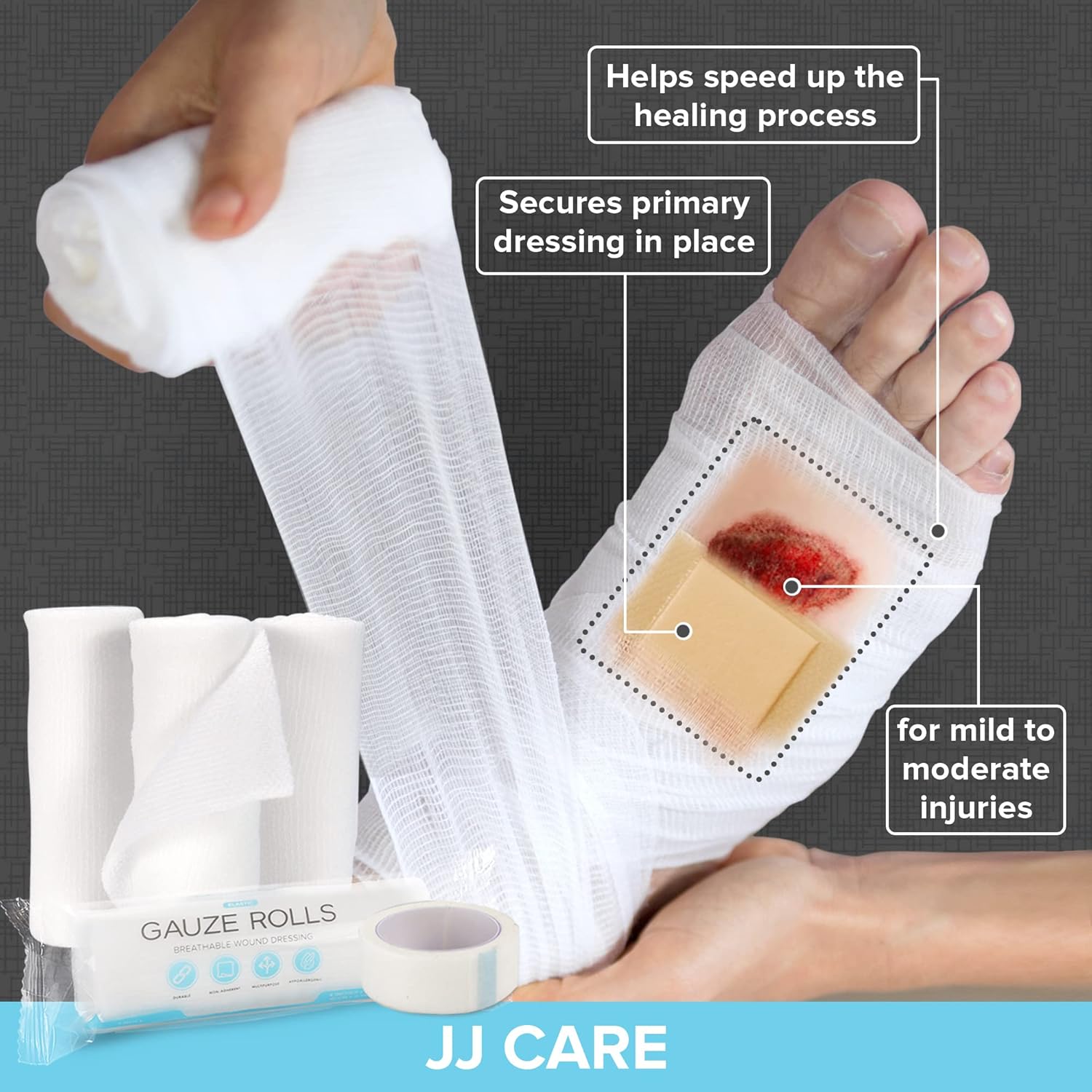 JJ CARE Paquete de 24 rollos de gasa envueltos individualmente, con cinta médica adicional, 4 pulgadas x 4.1 yardas, rollos de gasa enrollada, sin
