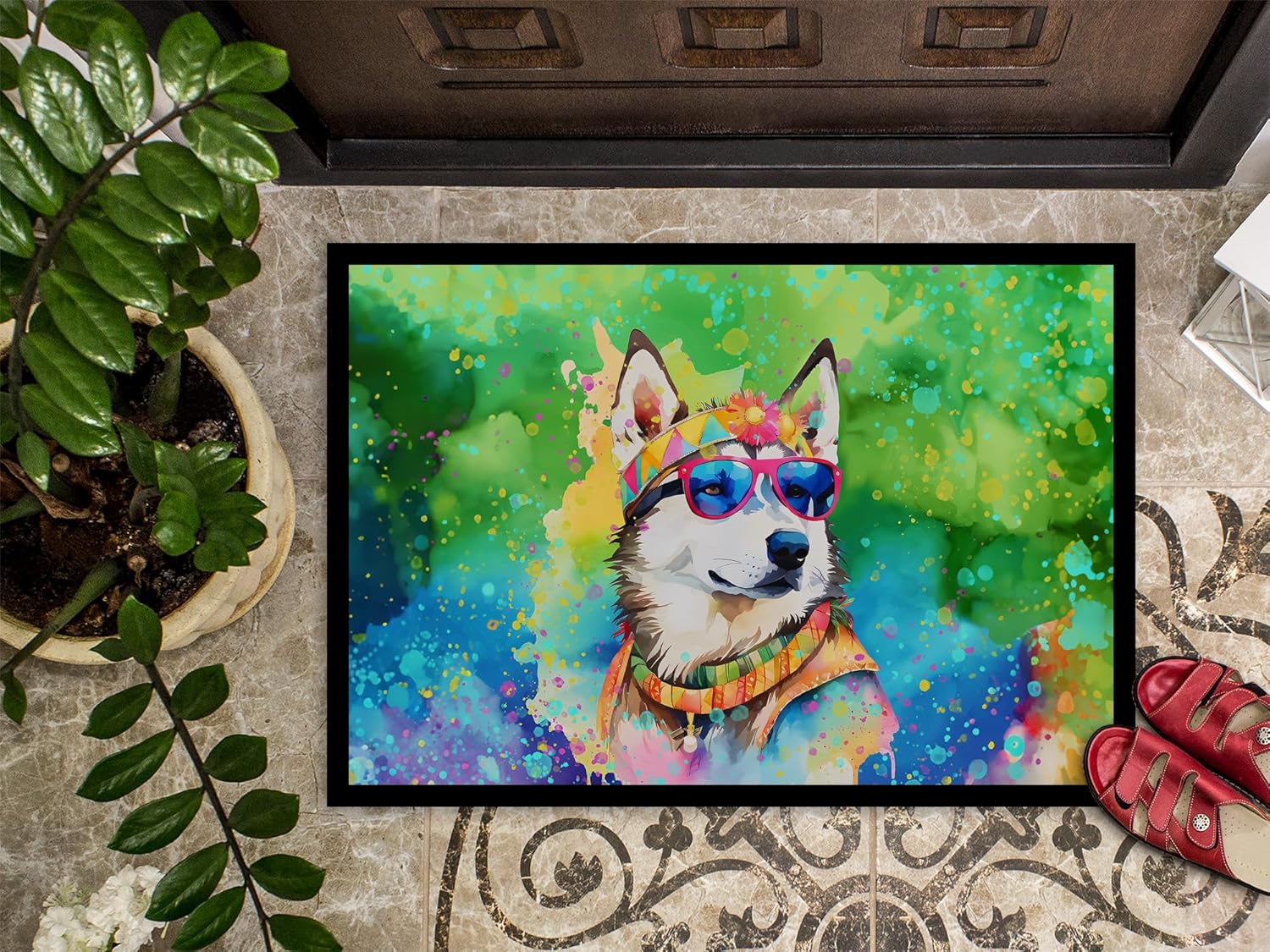Caroline’s Treasures DAC2564JMAT Siberian Husky Hippie Dawg Indoor or Outdoor Mat 24×36 Front Door Mat Indoor Outdoor Rugs for Entryway, Non Slip