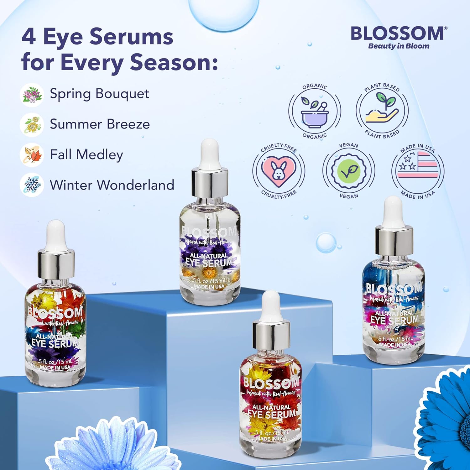 Blossom All Natural Organic – Suero hidratante para ojos sin crueldad animal con aceites esenciales, infundido con flores reales, fabricado en