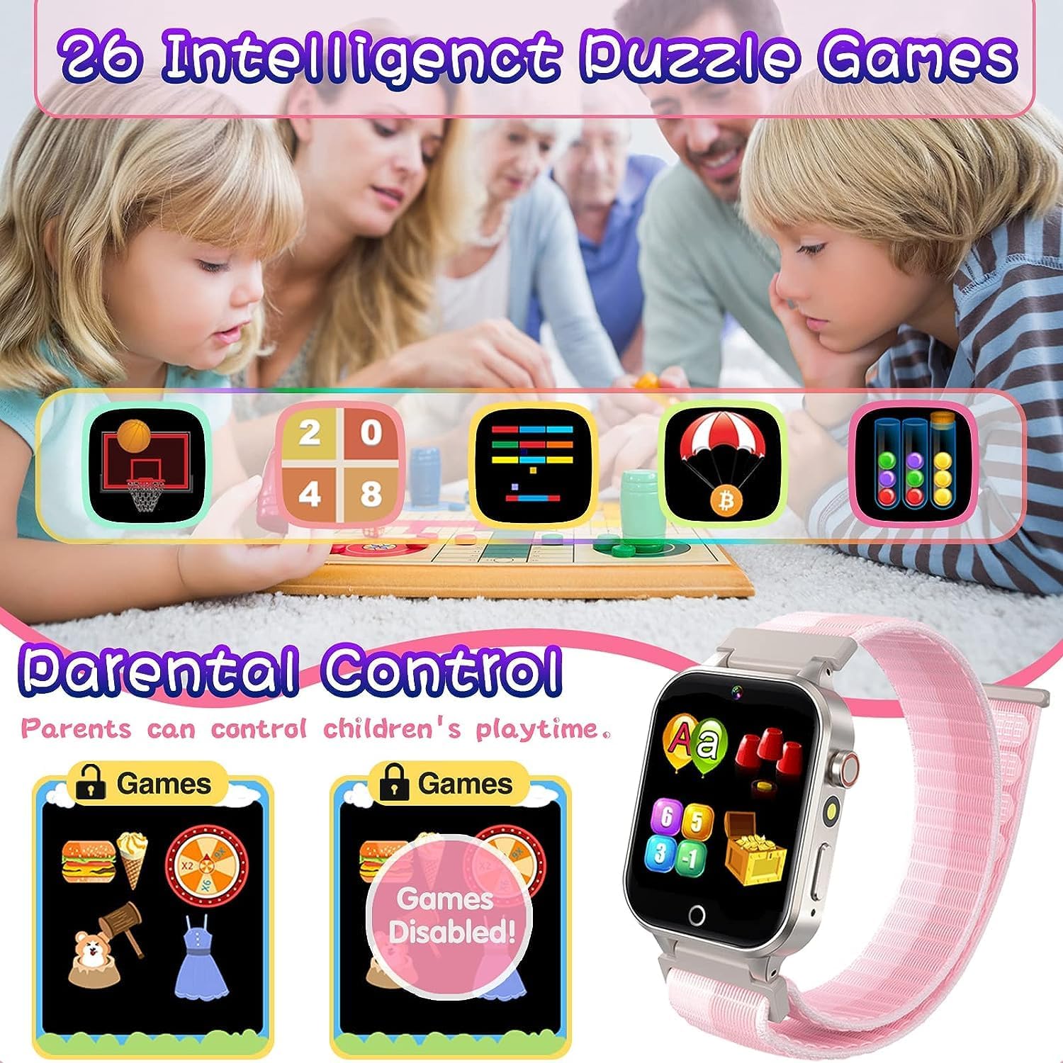 Reloj inteligente para niños con 26 juegos de rompecabezas, cámara, reproductor de música, seguimiento, podómetro, linterna de 1224 horas, juguetes