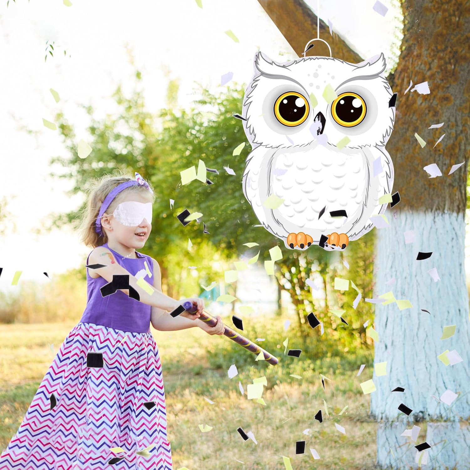 Aoriher Piñata de búho con palito de piñatas para los ojos vendados, confeti 3D blanco nevado de búho juego de piñatas para bosque, bosque, mago,