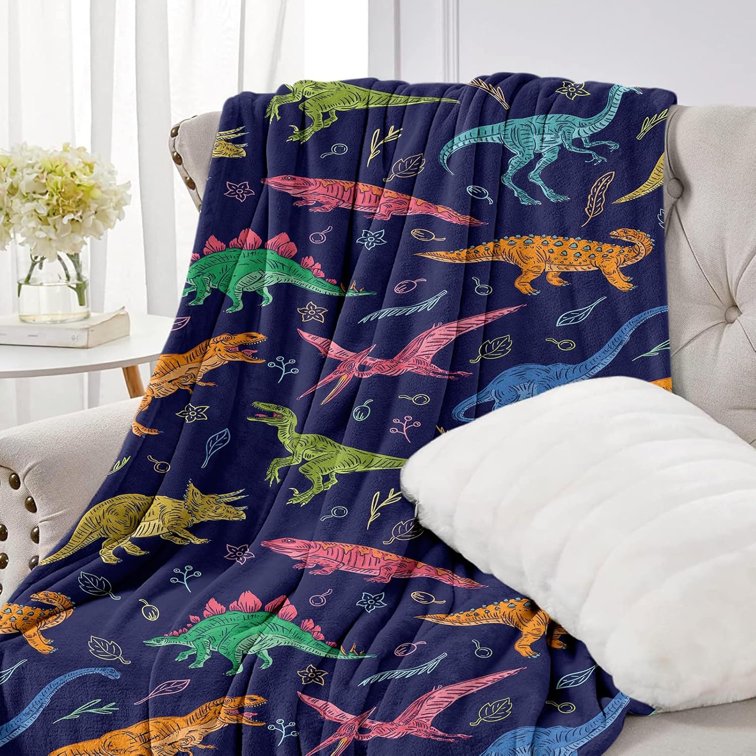 Manta de dinosaurio para niños y adultos, bonita manta de forro polar azul para niños pequeños y niñas, manta suave y cálida de dinosaurio jurásico