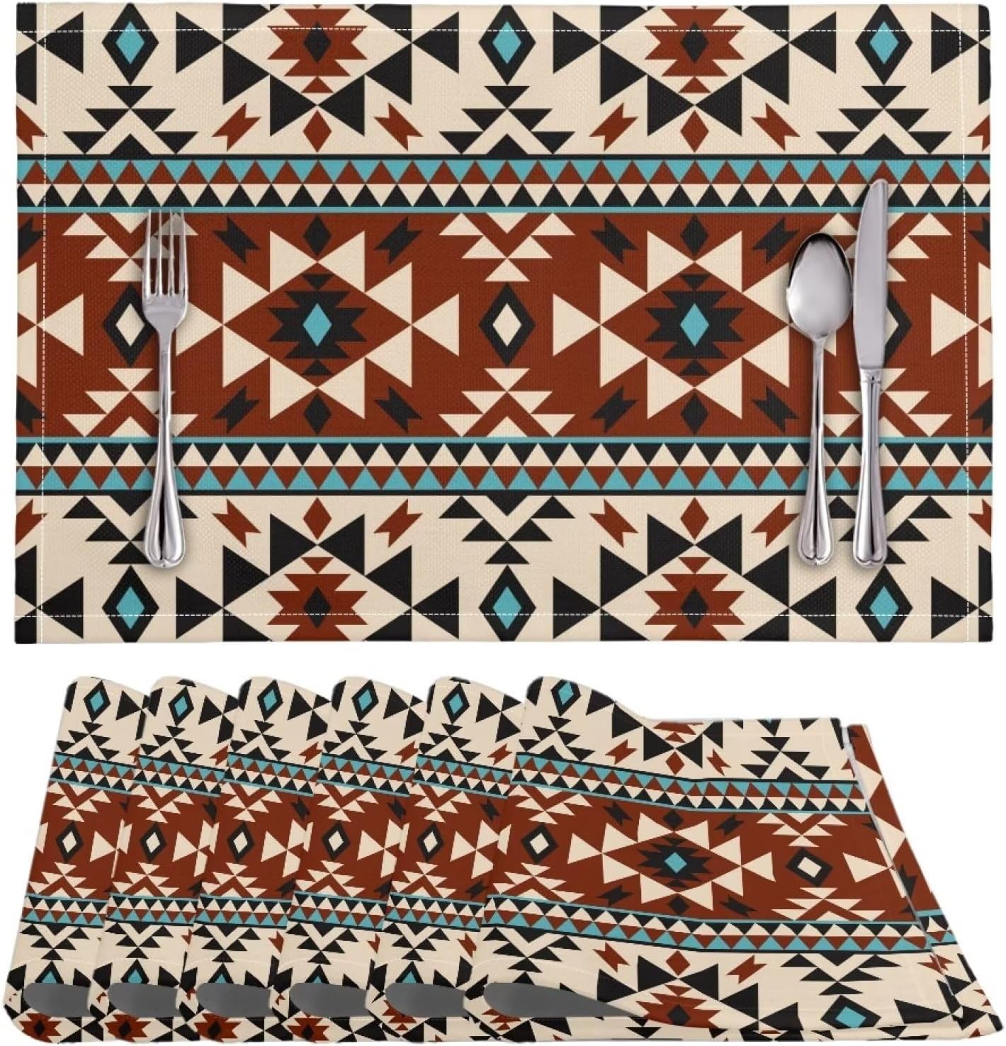 Juego de 6 manteles individuales aztecas bohemios para mesa de comedor, manteles individuales tribales navajos, accesorios decorativos, fáciles de