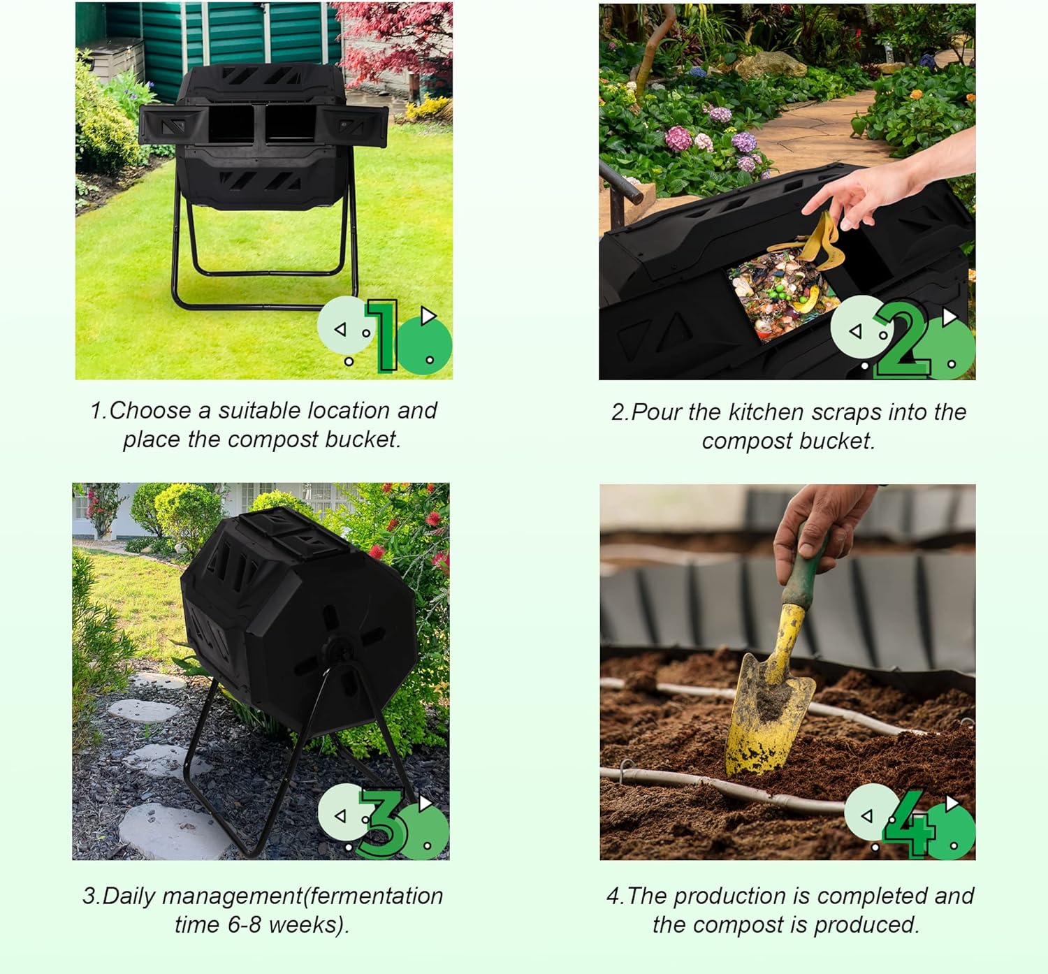 TRY & DO Vaso de composta de doble cámara, contenedor de compostaje giratorio para exteriores, compostador de 42 galones con 2 puertas corredizas,