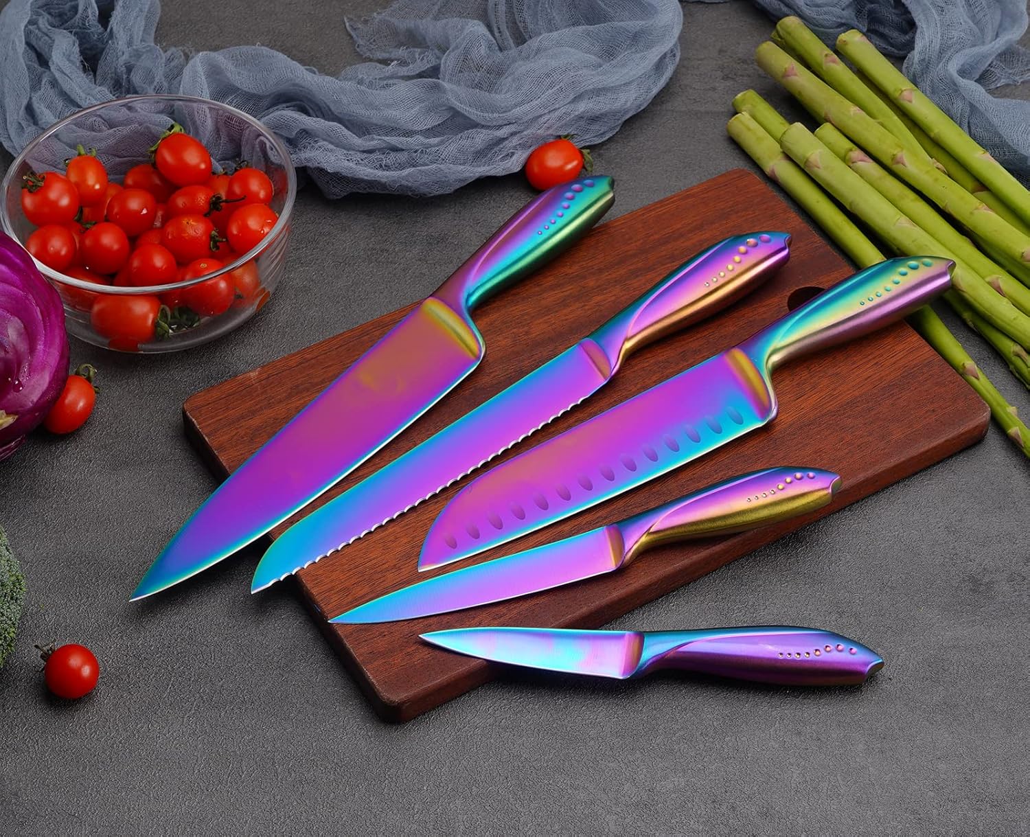 Hollory Rainbow – Juego de cuchillos de cocina de 5 piezas, hoja de acero inoxidable alemán súper afilada con chef de 8 pulgadas, pan de 8 pulgadas,