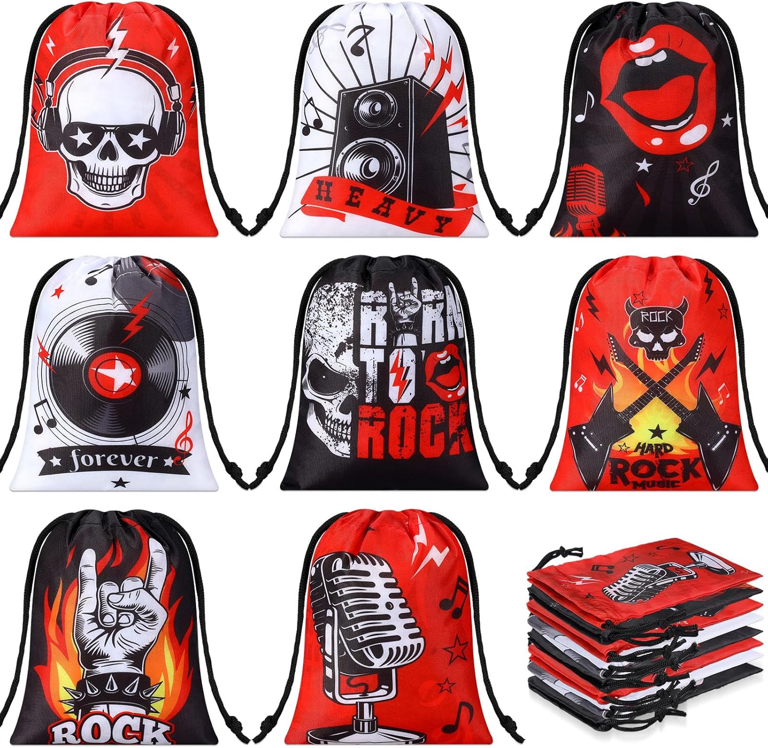 Honoson 24 bolsas con cordón para recuerdos de fiesta de rock and roll, con temática musical, guitarra, caramelos, golosinas, reutilizables, para
