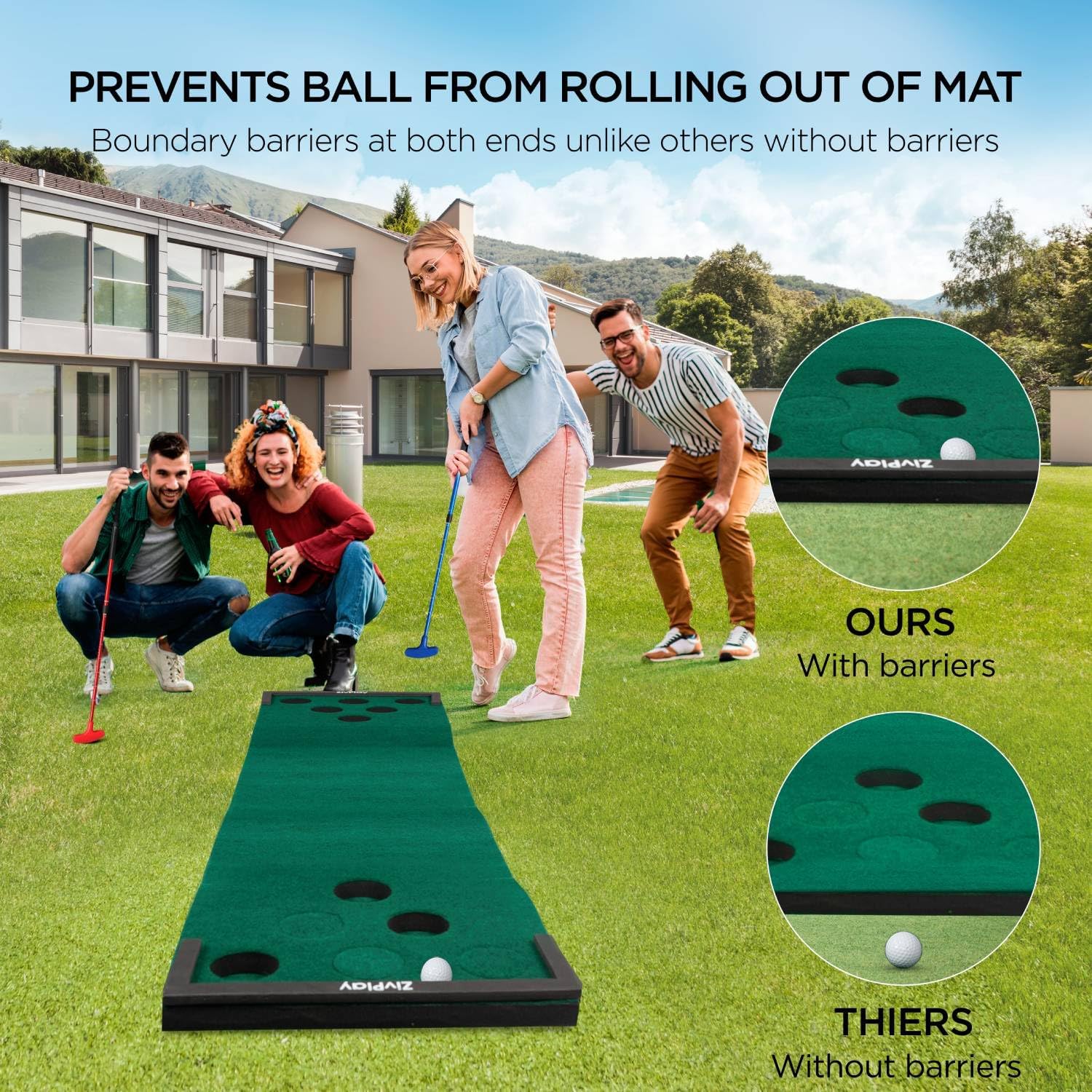 Juego de golf de putting con tapete de golf para pong, 2 putters, 6 pelotas de golf y barreras de pelota para adultos al aire libre, práctica verde,