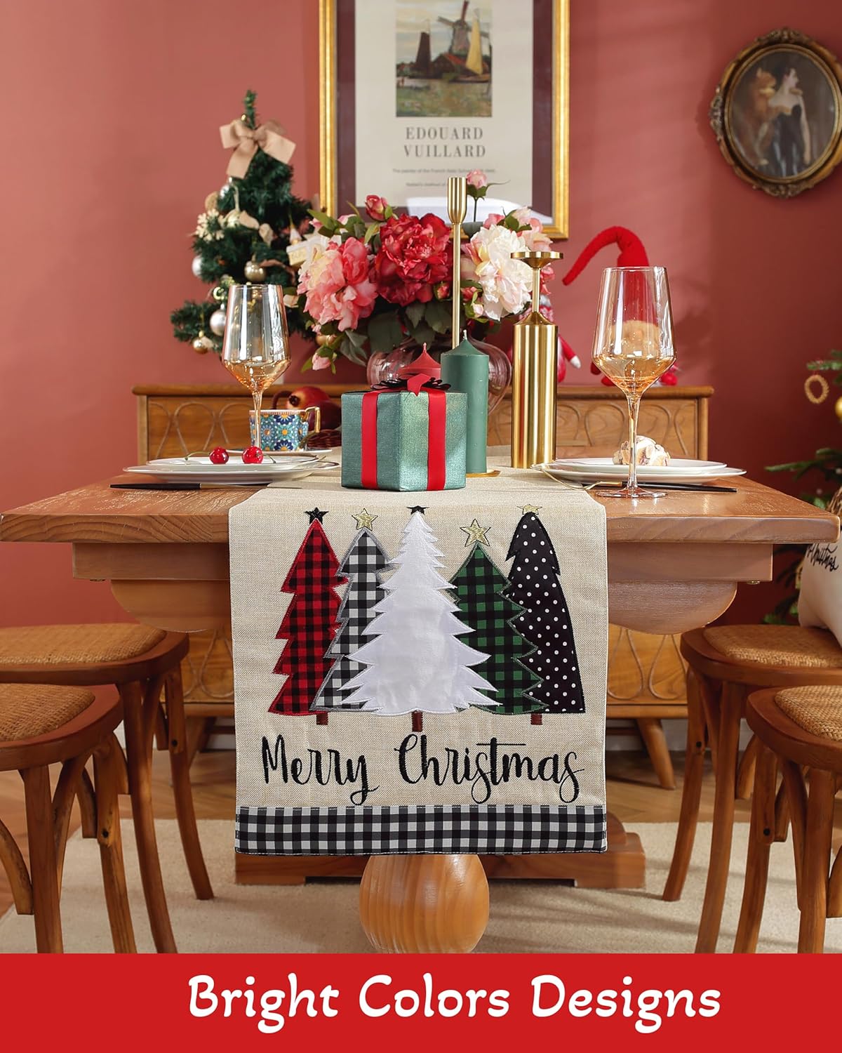 Camino de mesa de Navidad de 70 pulgadas de largo con bordado de búfalo a cuadros, patrón de árboles de Navidad de lino, decoración de Navidad para