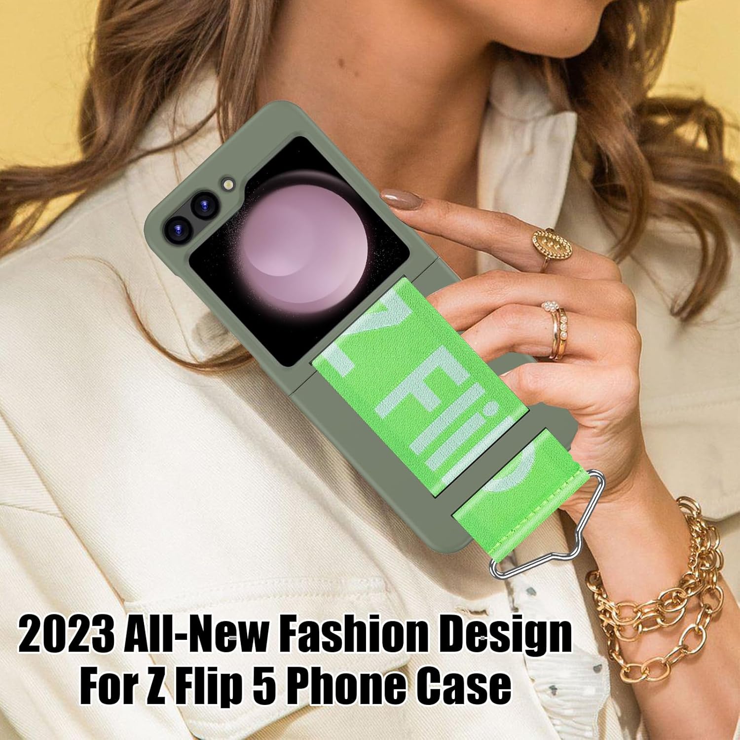 Funda para Galaxy Z Flip 5 con correa, protección de bisagra de nailon, carcasa rígida de PC Z Flip 5 con correa de mano ajustable para mujeres y
