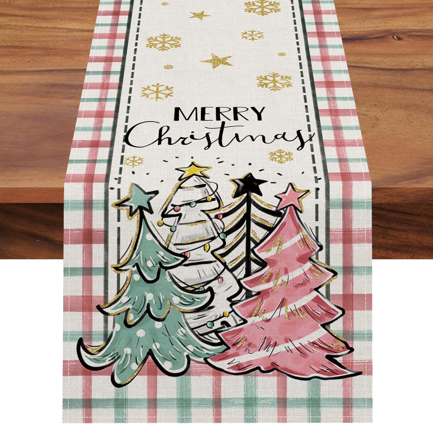 Seliem Camino de mesa de copos de nieve con árbol de pino y Navidad, diseño a cuadros rosados, decoración de mesa de comedor para cocina, decoración