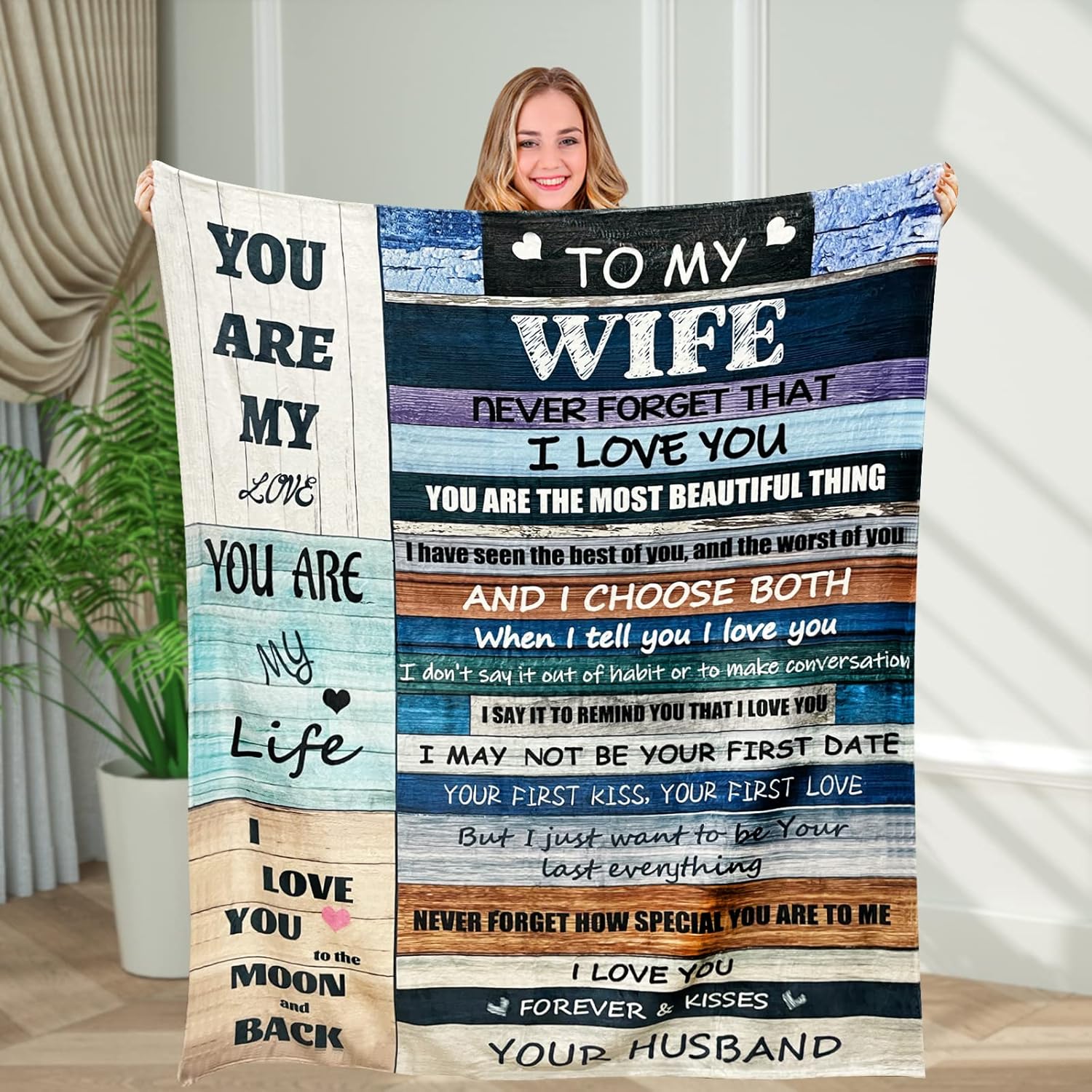 Regalos para esposa de parte del marido, aniversario, boda, cumpleaños, ideas de regalo para mi esposa, manta con texto en inglés “I Love You”,
