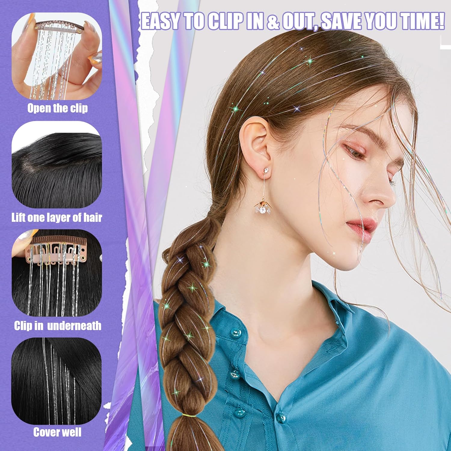 Paquete de 6 piezas de kit de oropel con clip, extensión de cabello de oropel con purpurina de 20 pulgadas con clips, resistente al calor, mechones