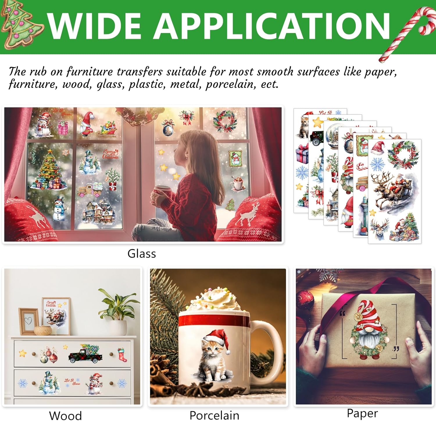 6 hojas de transferencia de Navidad para muebles de manualidades, 6 x 12 pulgadas, calcomanías vintage de transferencia para árbol de Navidad,