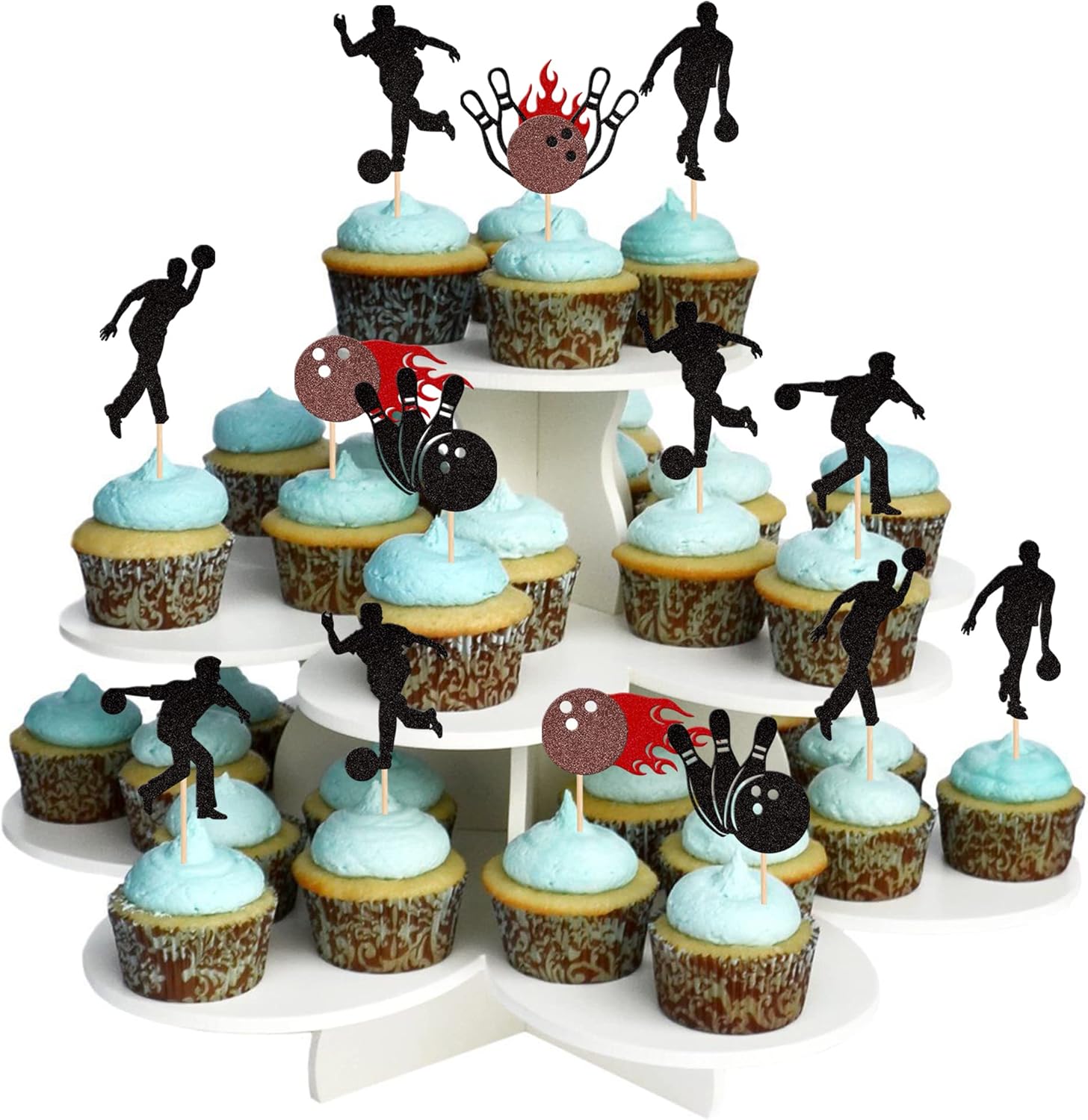28 piezas de decoración de cupcakes con purpurina para jugadores de bolos para jugadores de bolos, bolos deportivos, decoración de pasteles para