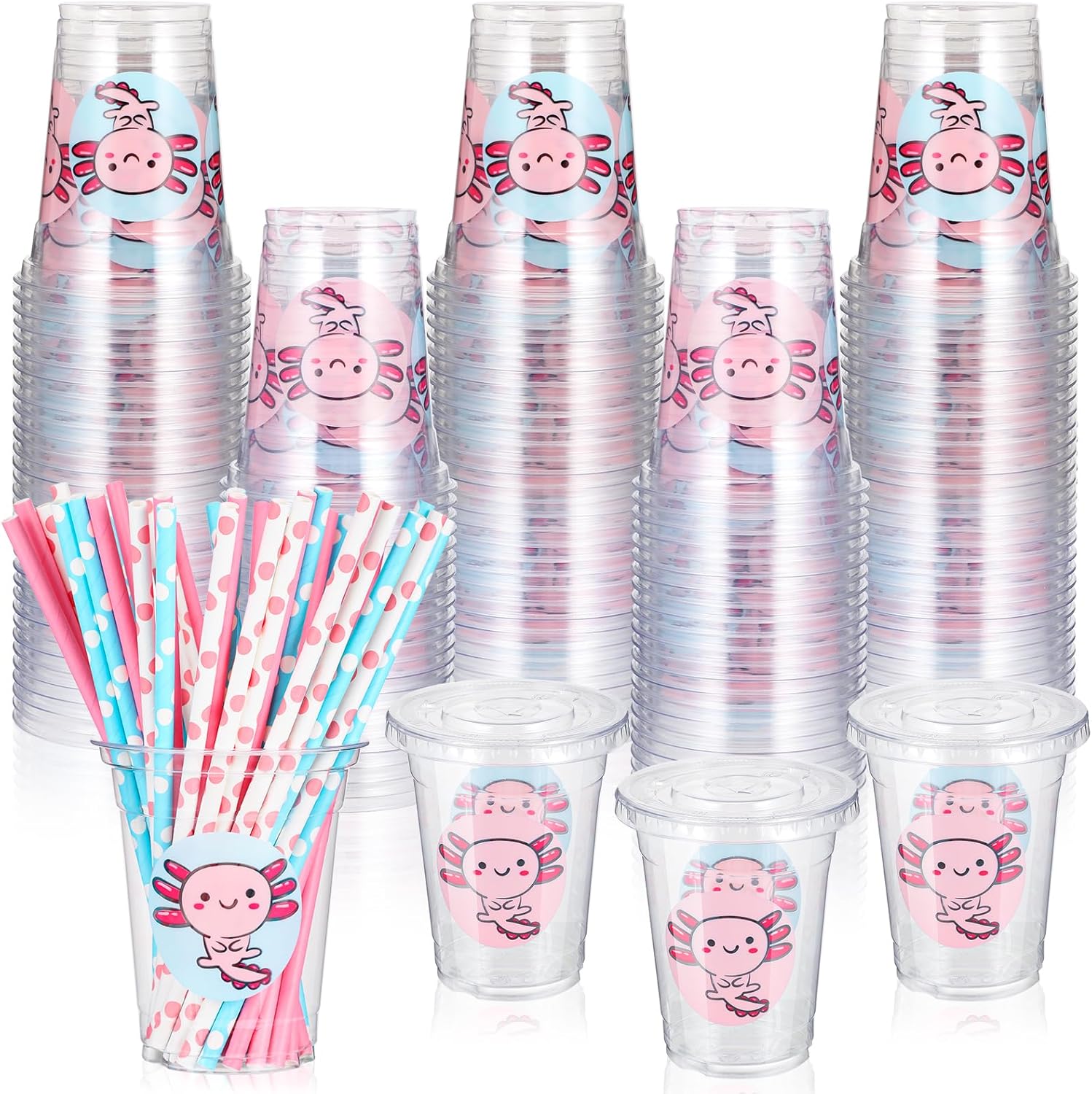 Juego de 120 vasos desechables de ajolote transparente de 12 onzas con tapas y pajitas de papel, tazas de café helado para niñas, decoración de