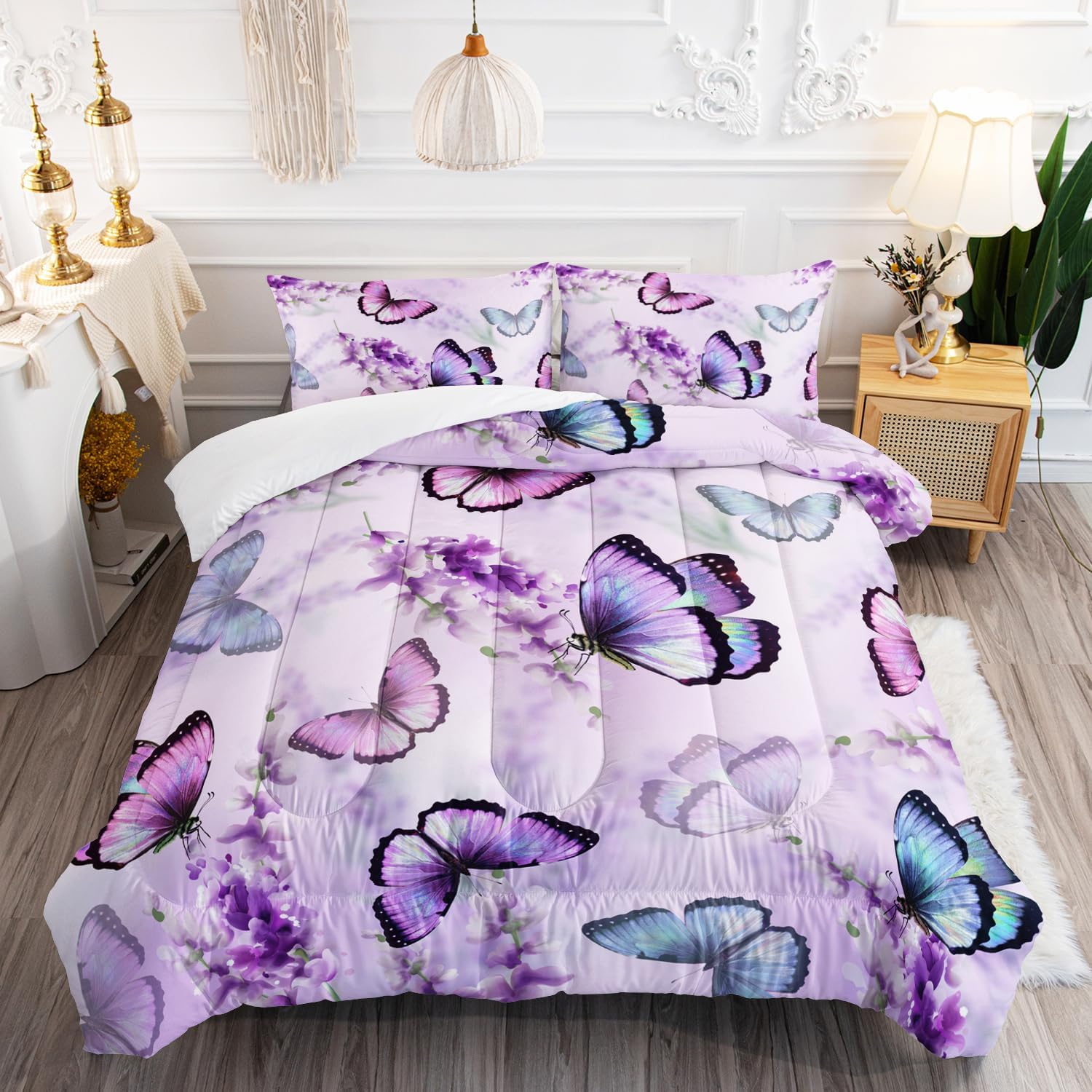 Juego de edredón de mariposa lavanda para niñas y adultos, juego de ropa de cama con patrón de mariposa colorido, juego de cama de mariposas