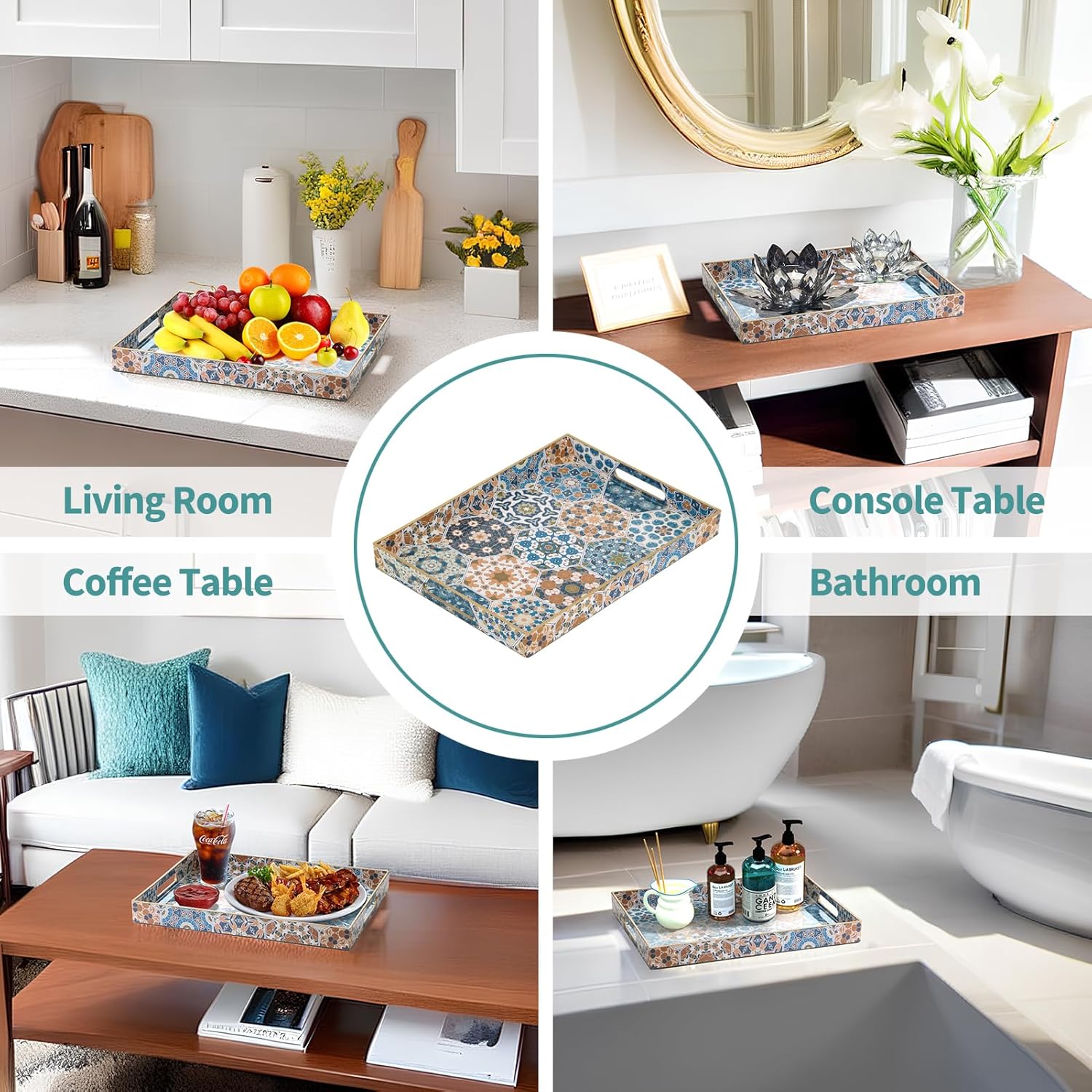 Cadroger Bandeja de mesa auxiliar para sala de estar, delicada bandeja para servir con asas, moderna bandeja otomana rectangular de plástico,