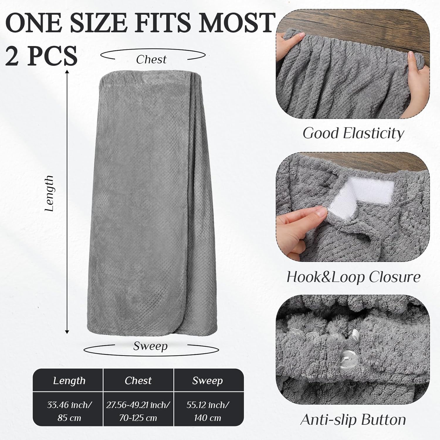 2 toallas envolventes para mujer, bata de spa ligera con cierre ajustable, parte superior elástica, bata de baño suave, envoltura de spa (gris, M)