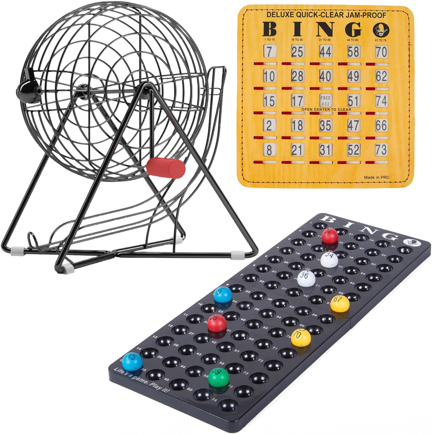 MR CHIPS Juego de jaula de bingo y bolas con 25 tarjetas de bingo a prueba de atascos