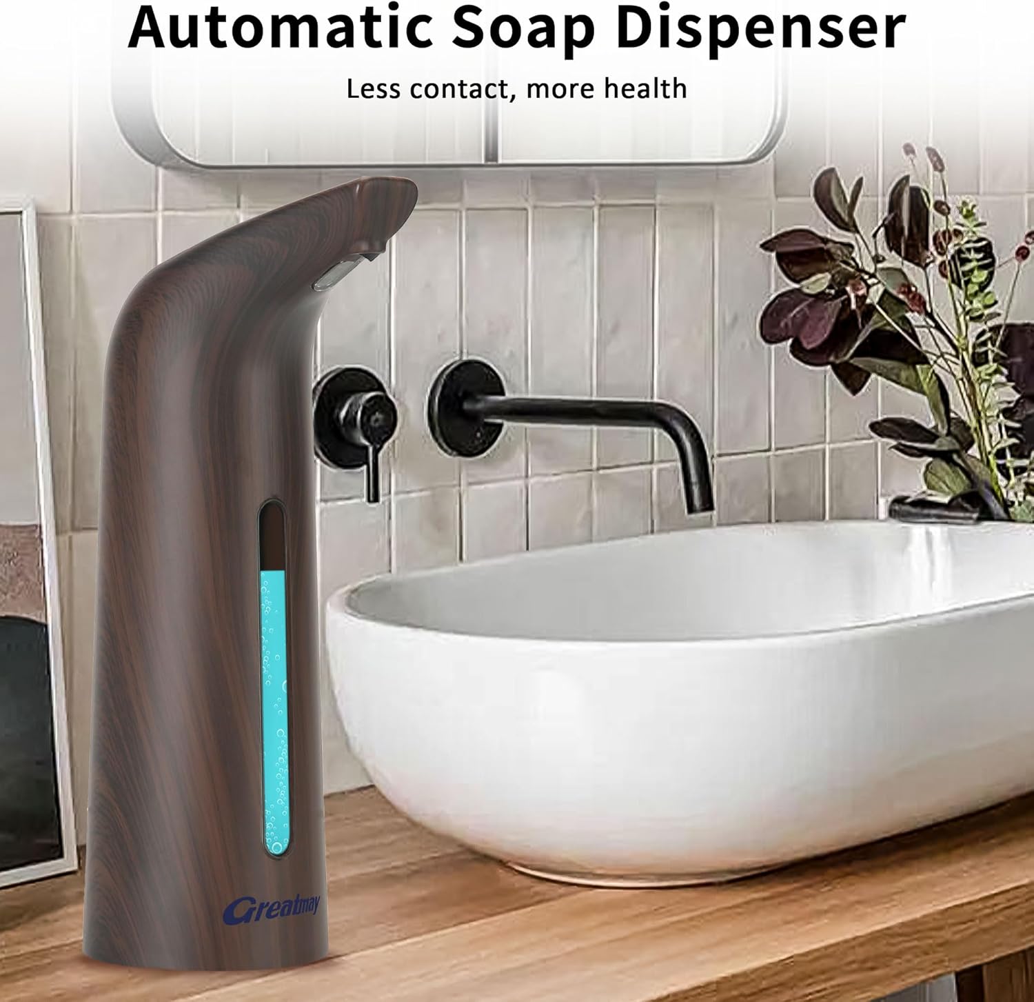 Greatmay Dispensador automático de jabón, material de plástico cromado, bomba desinfectante de manos sin contacto, soporte de jabón eléctrico a