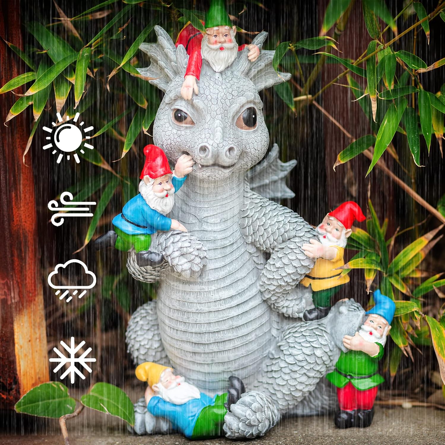 Estatuas de gnomo de dragón para decoración al aire libre, juego de dinosaurios de 13 pulgadas con gnomos, estatua de jardín para decoración de