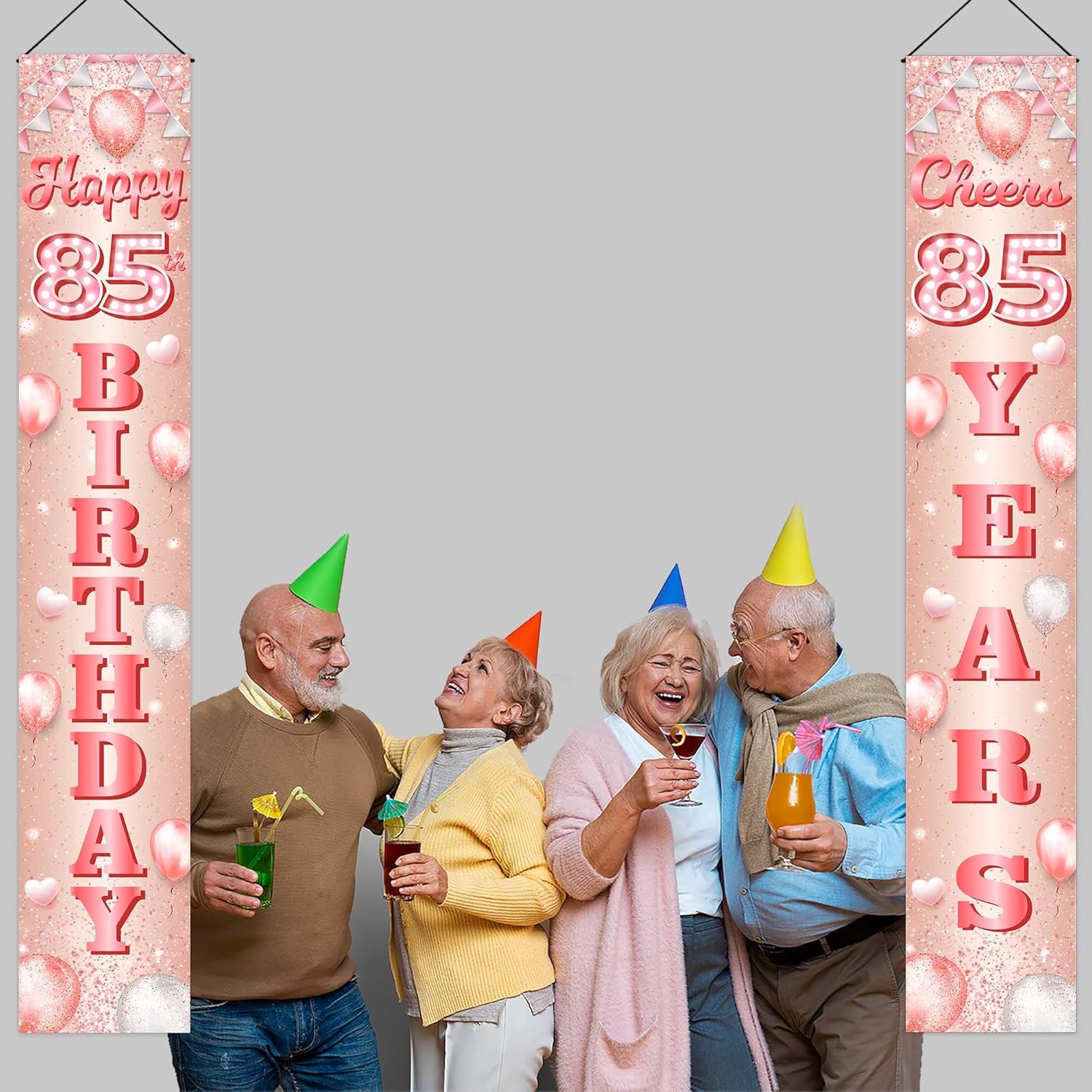 Cartel de feliz cumpleaños 85 de oro rosa, telón de fondo de globos de confeti de 85 años, decoración temática de globos de confeti para mujeres de