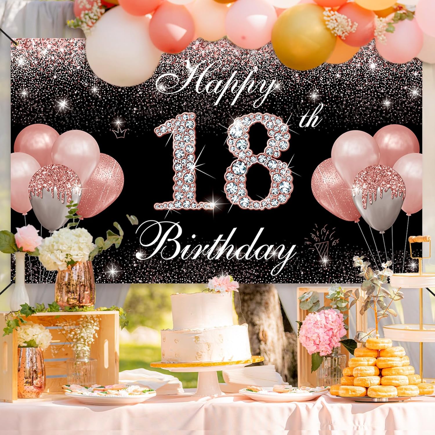 Decoraciones de cumpleaños de 18 años para niñas, pancarta de fondo de feliz cumpleaños 18, color oro rosa, cartel de fiesta de cumpleaños de 18