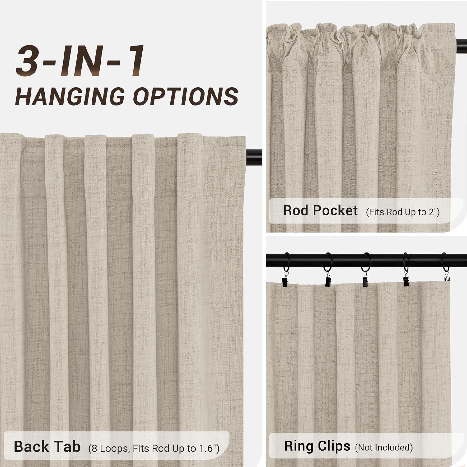 zeerobee – Cortinas blackout, 100% opacas, 2 paneles, lino, aislamiento térmico, pestañas traseras, bolsillo para cortinero, para sala de estar y