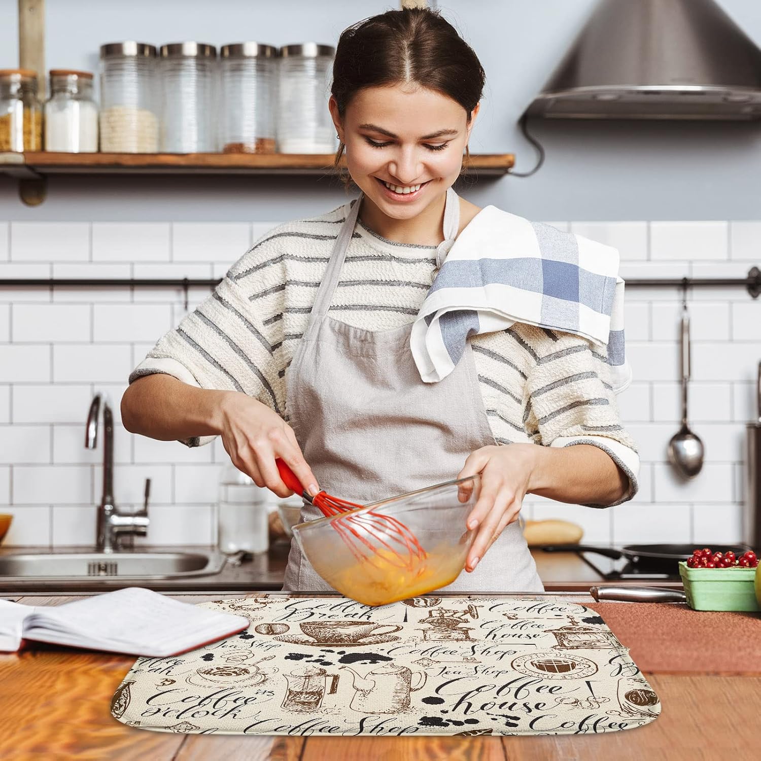 Tapete absorbente para secar platos, Coffee House Blobs Inscriptions, almohadilla de microfibra adecuada para encimera de cocina, decoración de