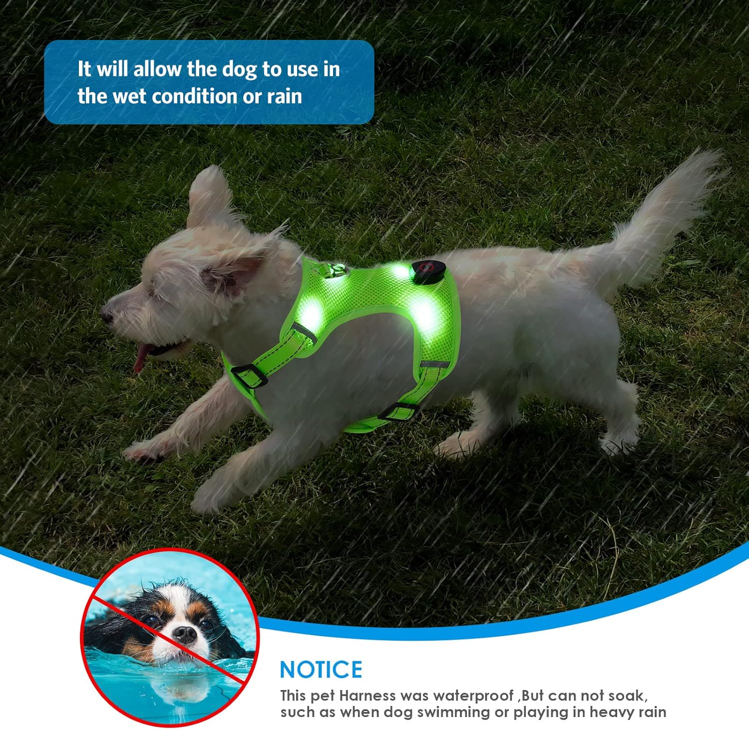 AMIR – Arnés LED para perro, pequeño, sin tirones, sin estrangulamiento, recargable por USB, 3 modos de iluminación, ajustable, transpirable, malla