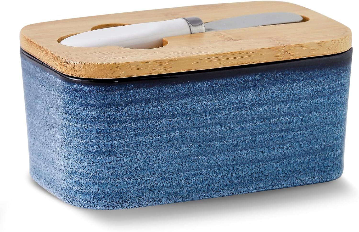 Hasense Mantequera de cerámica con tapa de bambú, recipiente grande para mantequilla y cuchillo, elegante soporte para mantequilla para encimera de