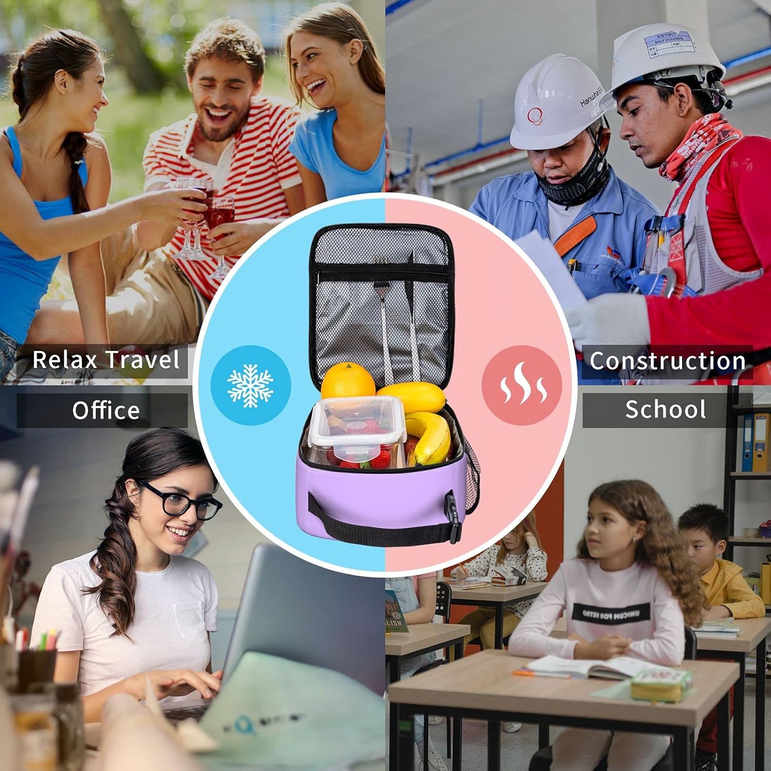 Bolsas de almuerzo aisladas moradas para adolescentes, hombres, mujeres y adultos, térmica prémium con bolsillos laterales