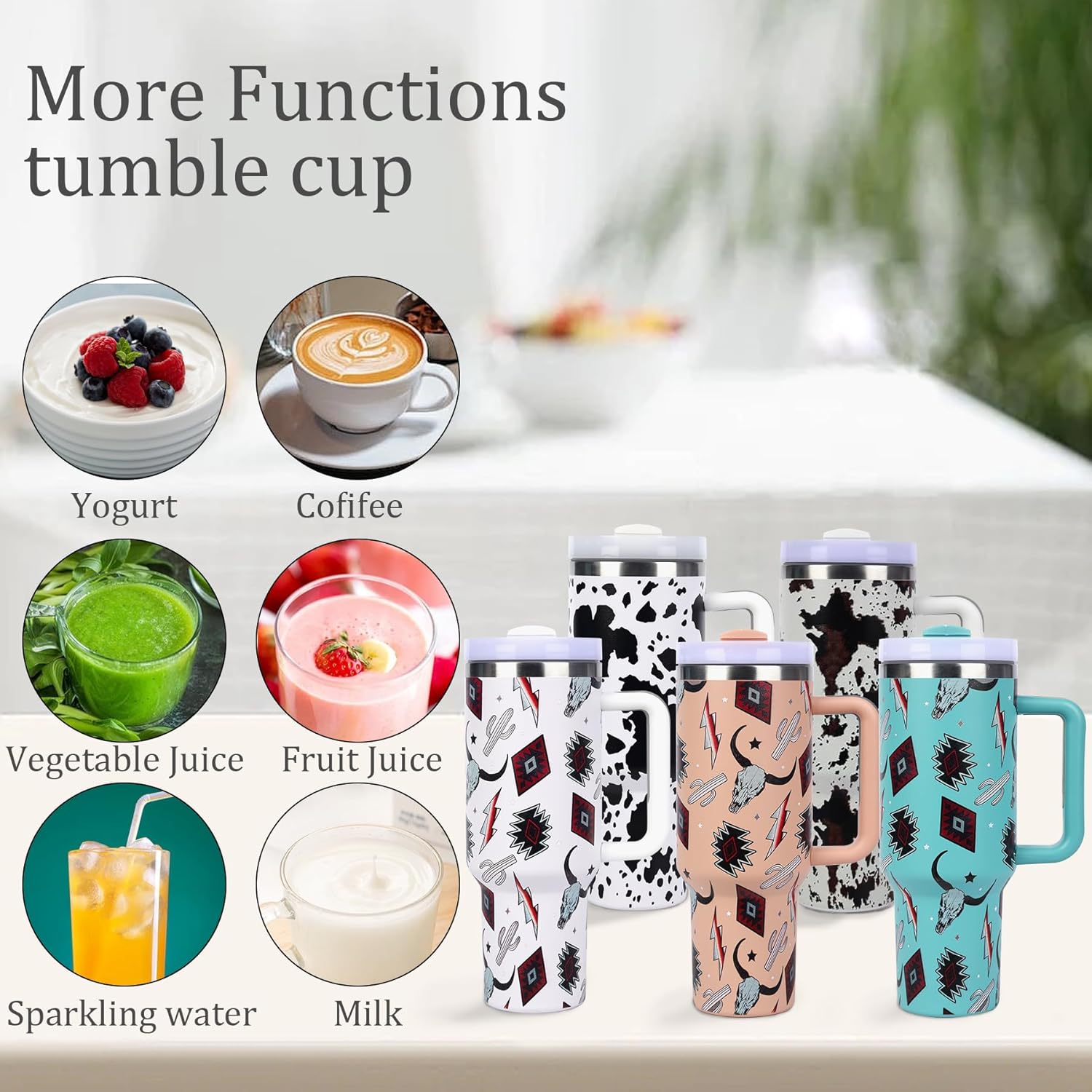 Atzec – Vaso aislado de 40 onzas con tapa y popotes, vaso de café de acero inoxidable con asa, doble vacío a prueba de fugas, taza de café, botella