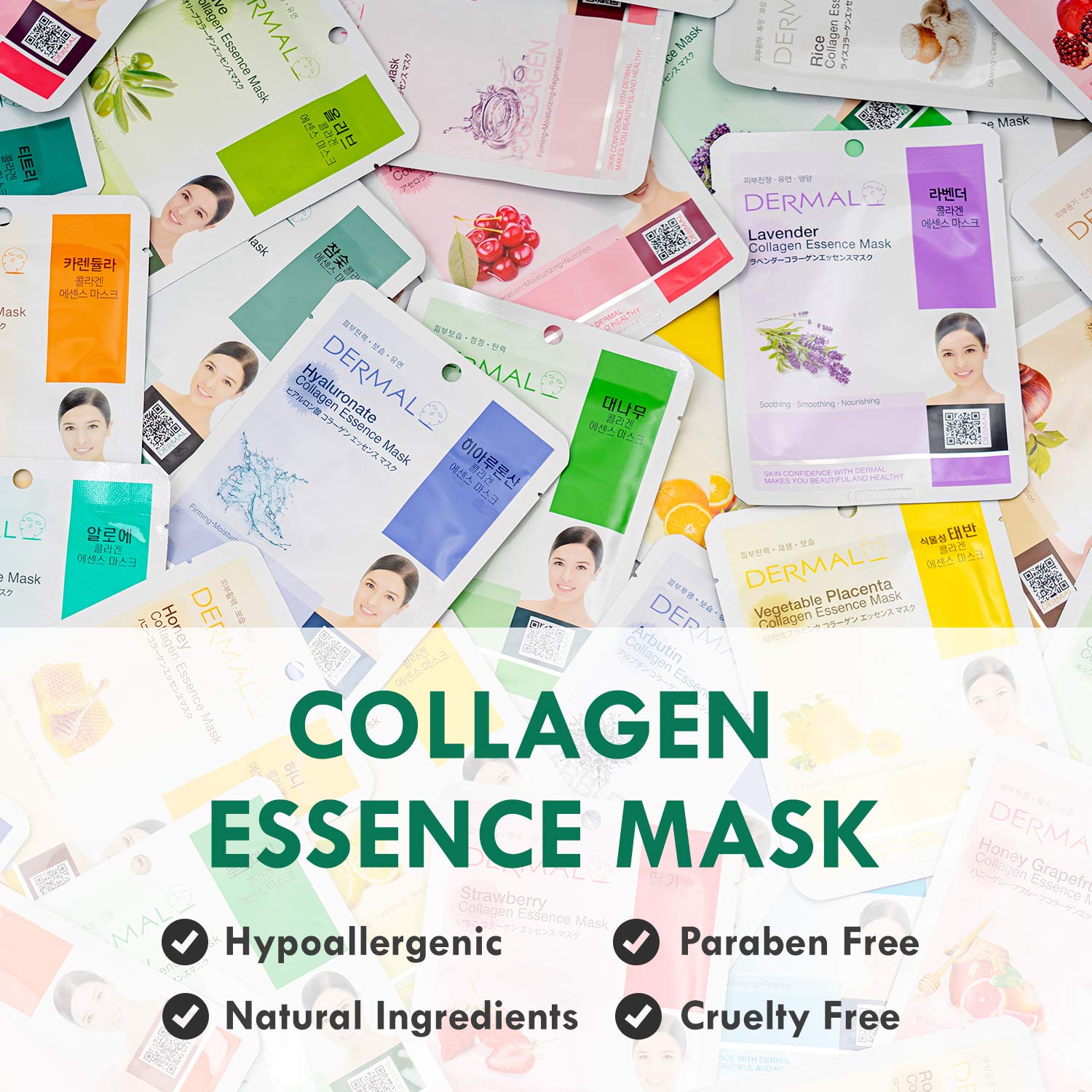 DERMAL Paquete combinado de 24 mascarillas faciales con esencia de colágeno, hoja de 16 paquetes combinados A